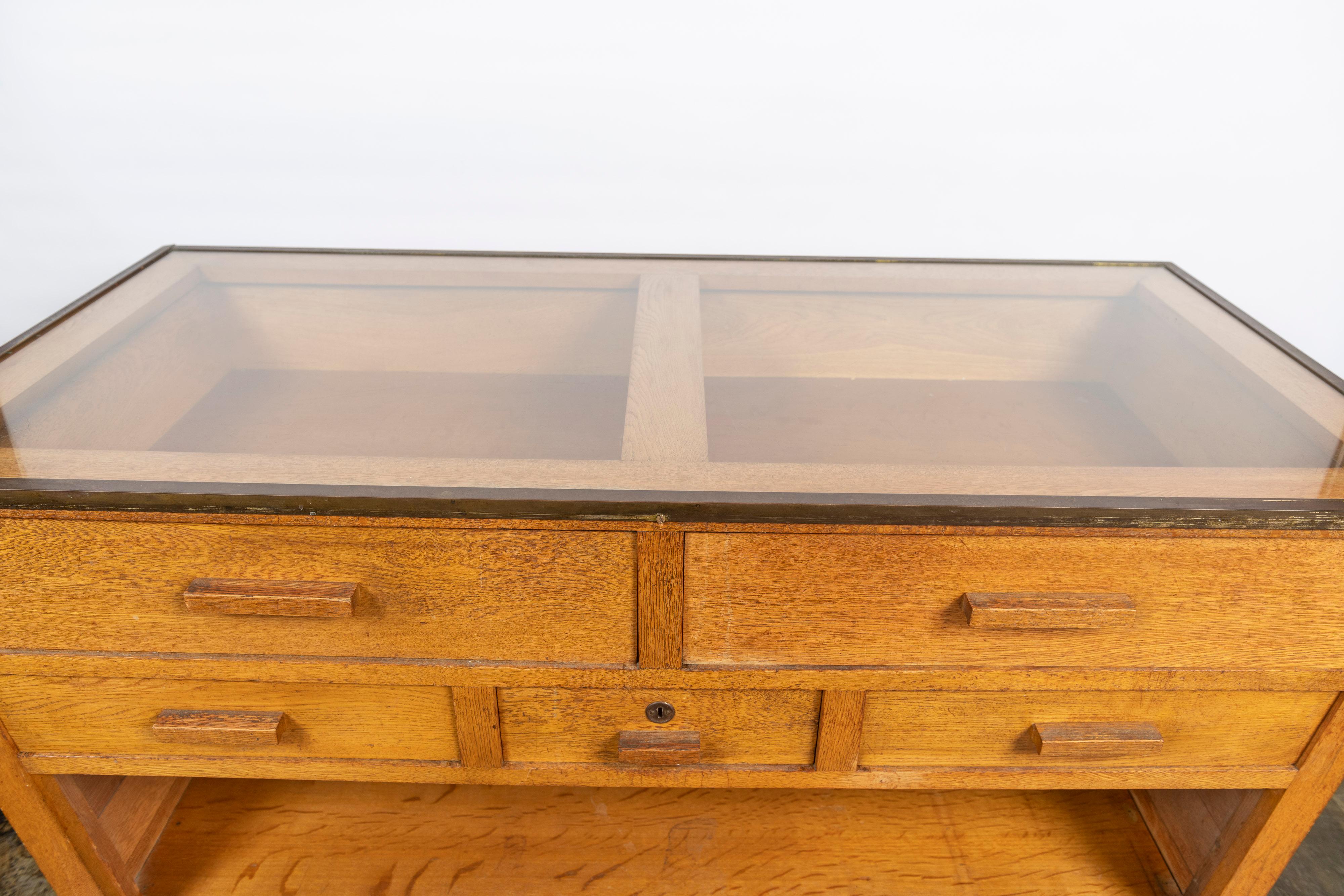 20th Century Art Deco Oak and Glass Cabinet with Drawers and a Shelf For Sale