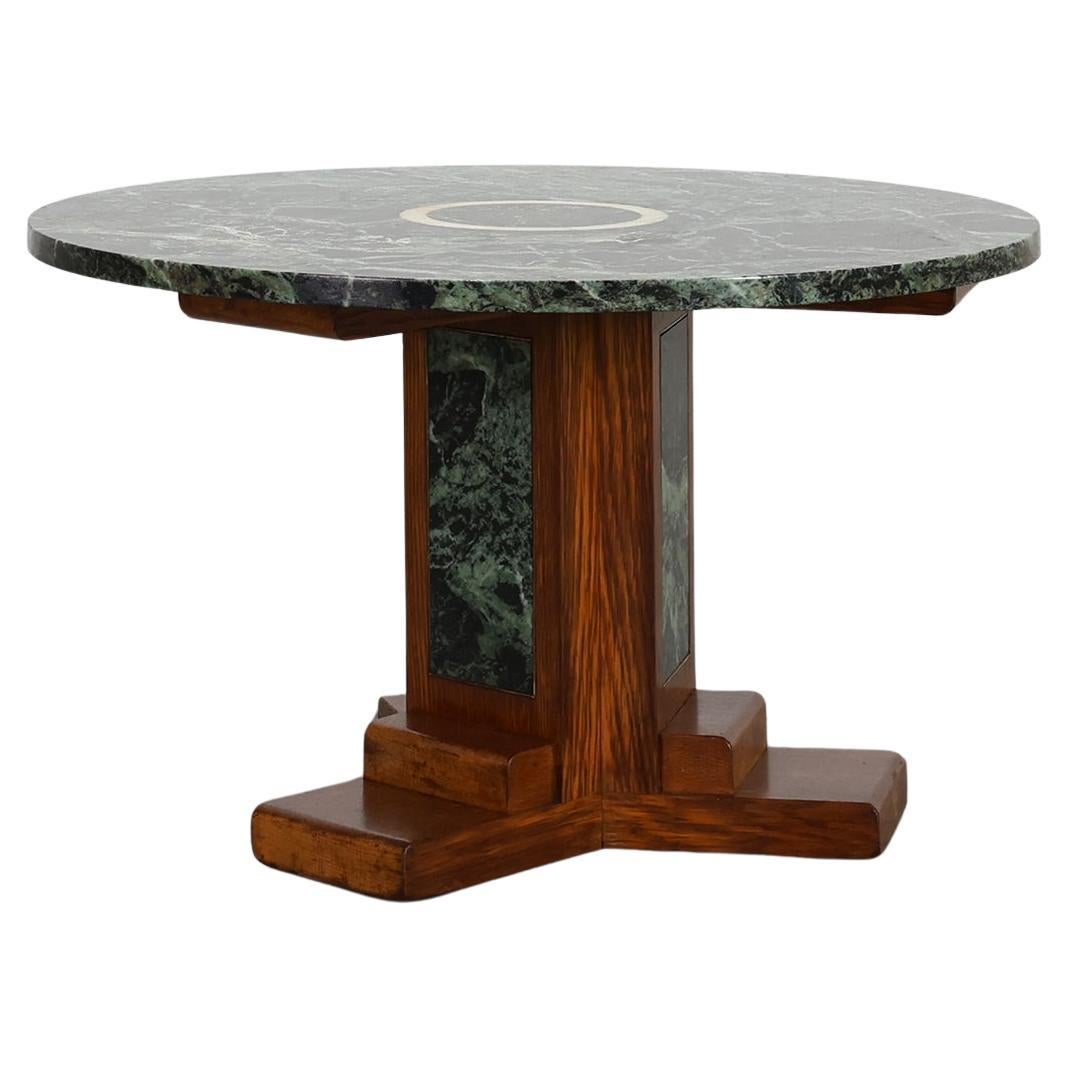 Art Deco Oak and Green Marble Coffee Table, France, 1920