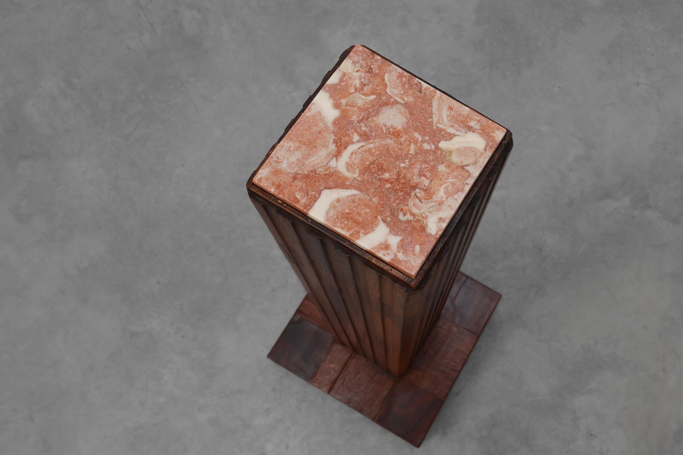 Art Deco oak and red marble pedestal or side table, France 1920s in vendita 1