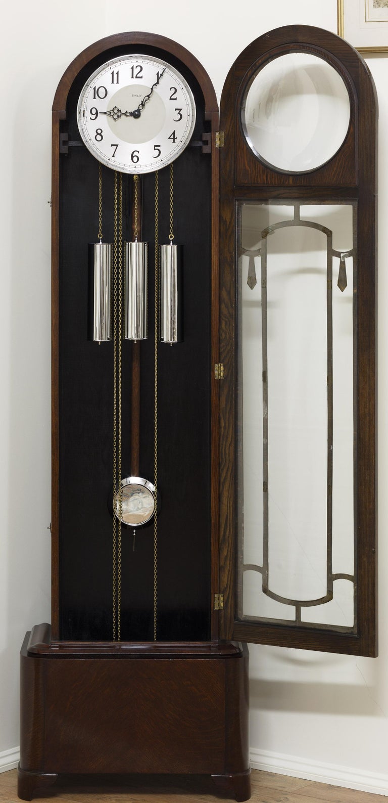 Art Deco Oak and Rosewood Longcase Clock by Enfield For Sale at 1stDibs