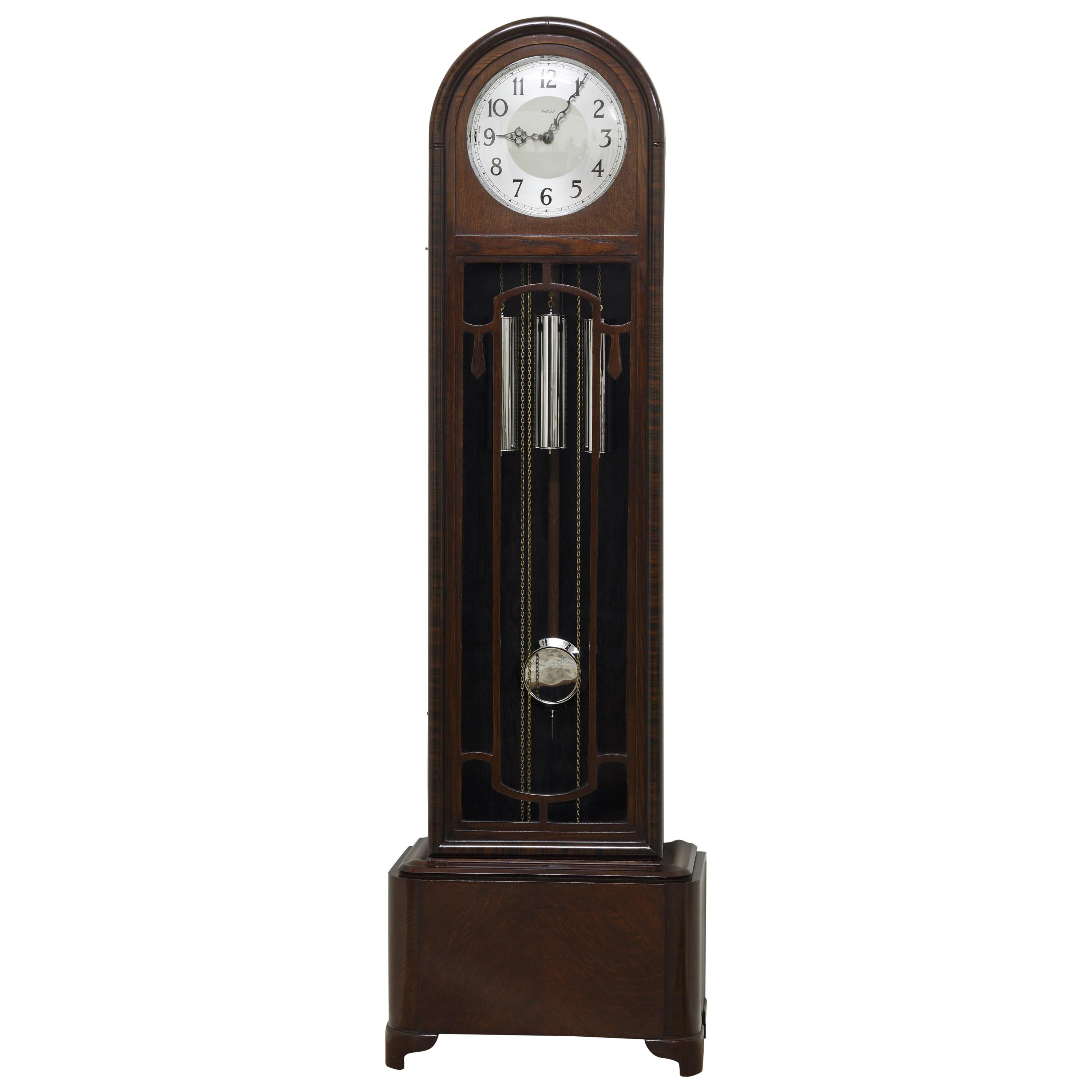 Art Deco Oak and Mahogany Longcase Clock by Enfield