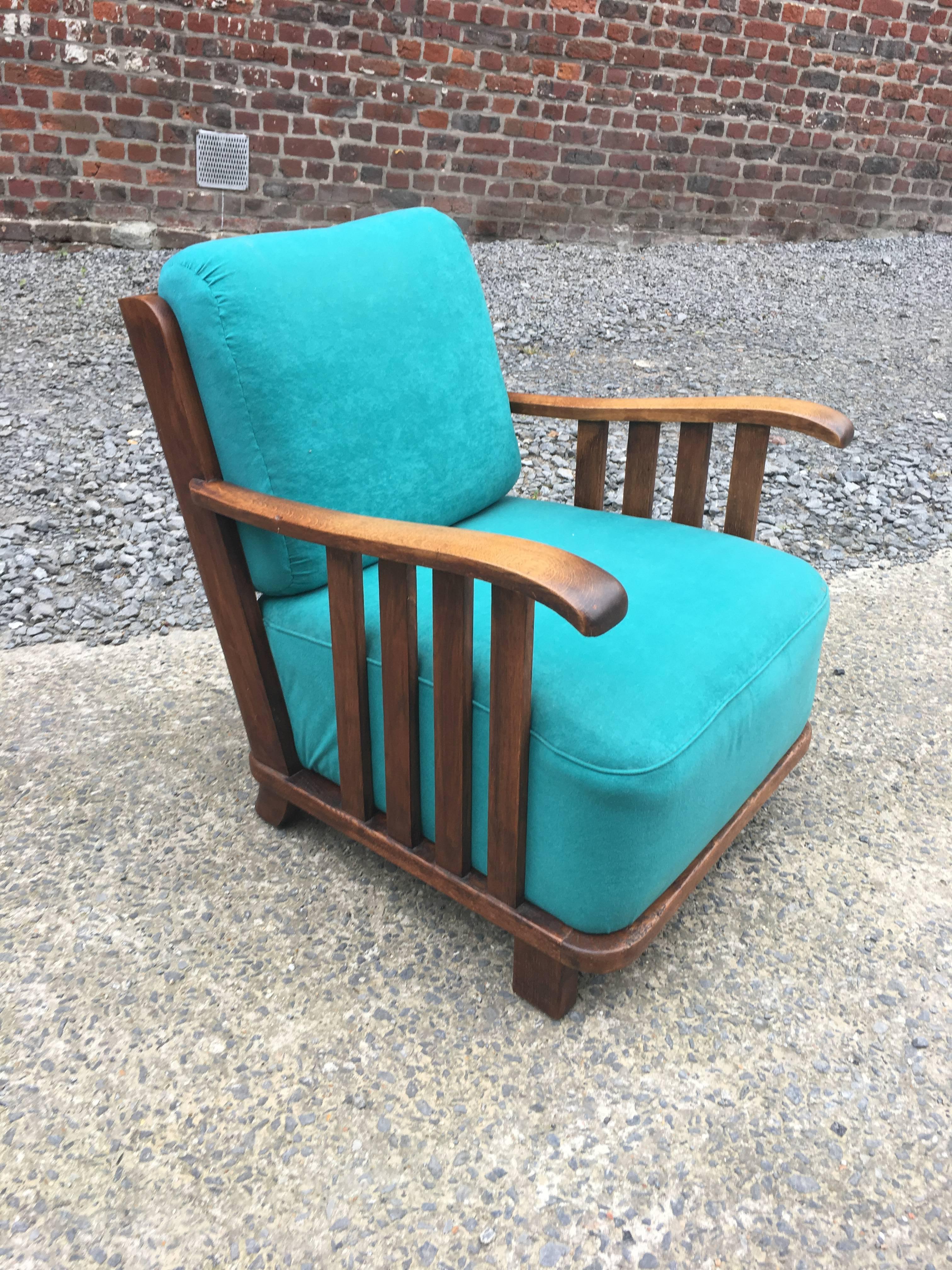 Velvet Art Deco Oak Armchair in the Style of Maxime Old, circa 1940 For Sale