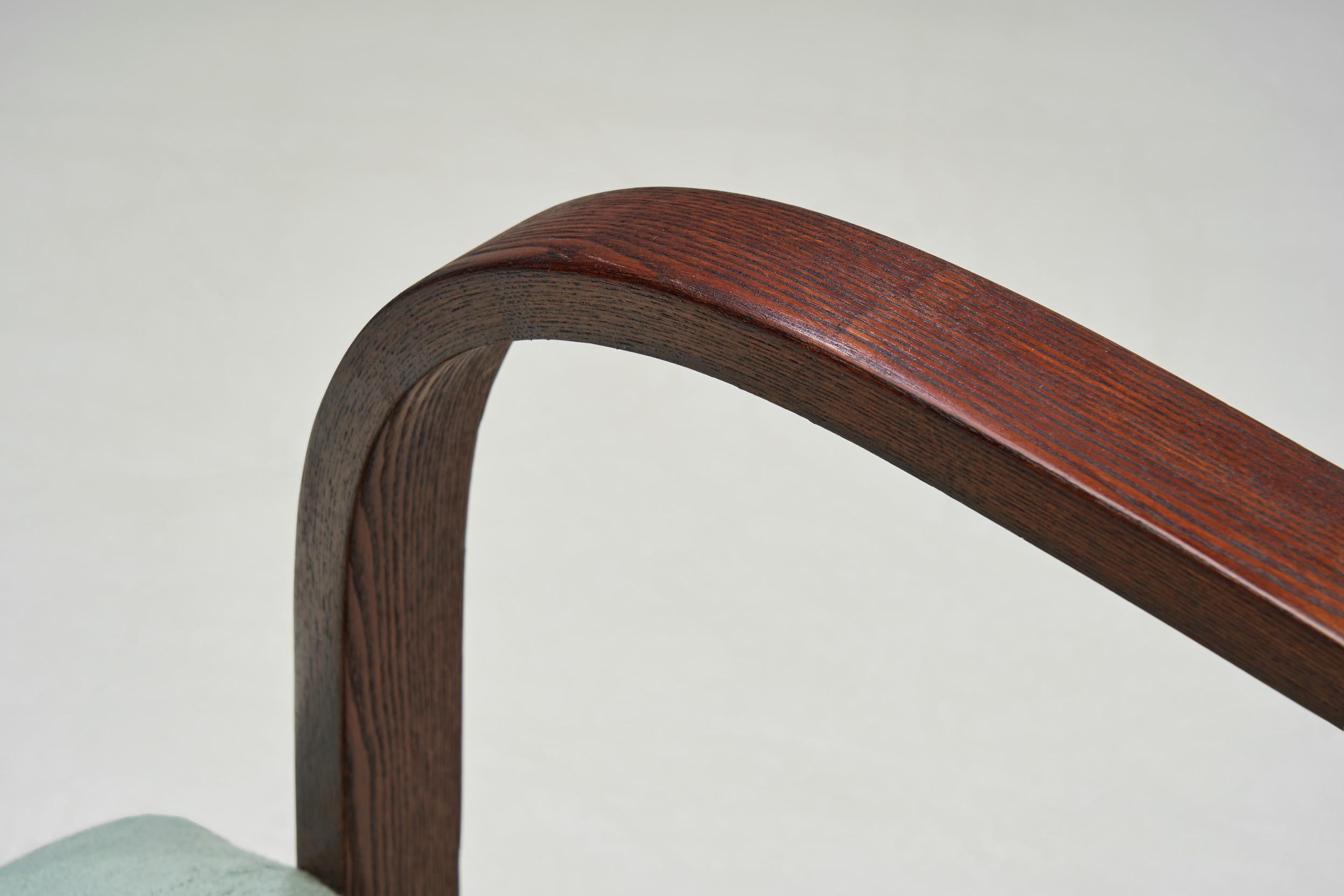Art Deco Oak Armchair Upholstered in Teal Fabric, Europe ca 1930s For Sale 6