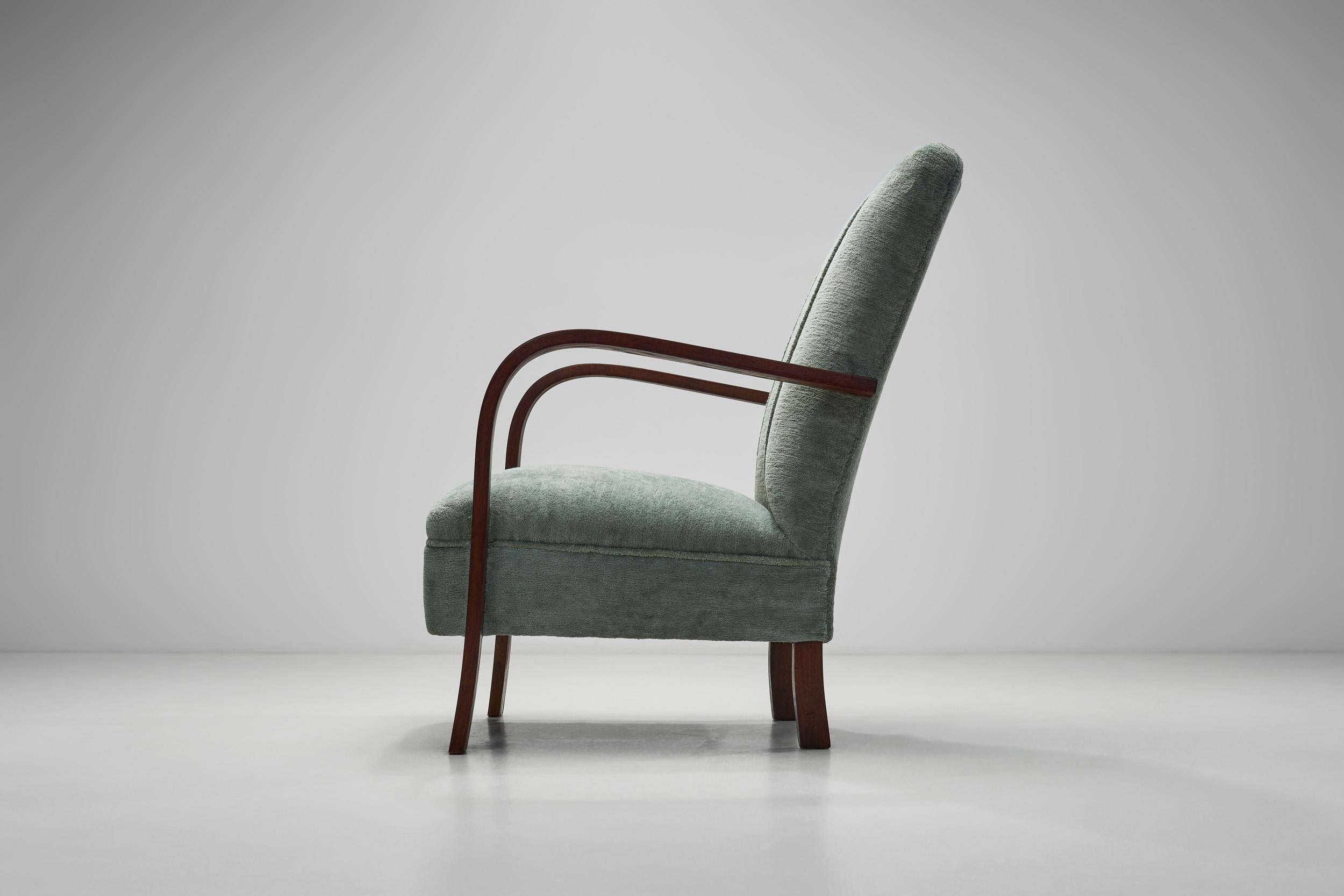 Art Deco Oak Armchair Upholstered in Teal Fabric, Europe ca 1930s For Sale 11