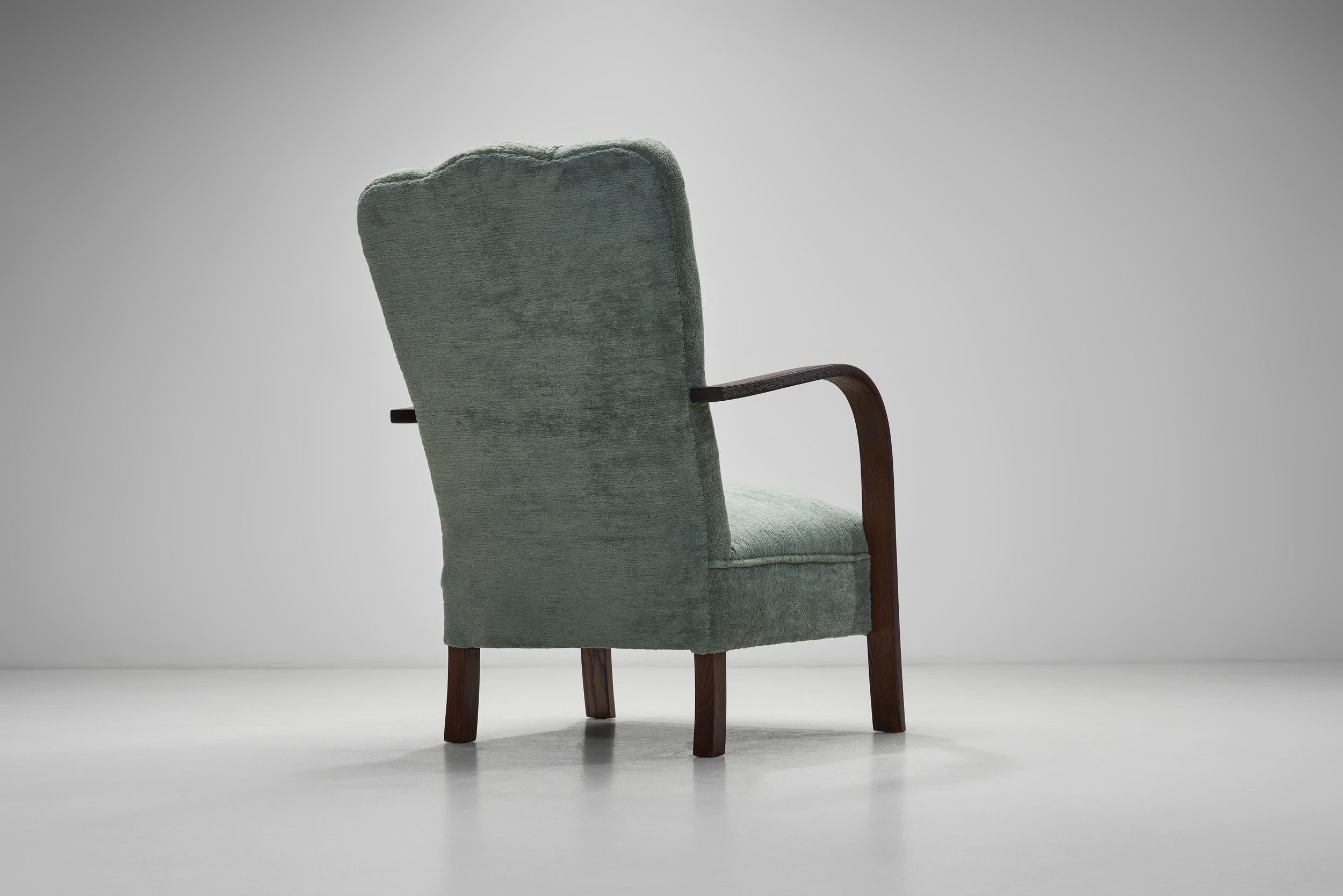Art Deco Oak Armchair Upholstered in Teal Fabric, Europe ca 1930s For Sale 12