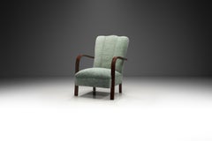 Art Deco Oak Armchair Upholstered in Teal Fabric, Europe ca 1930s