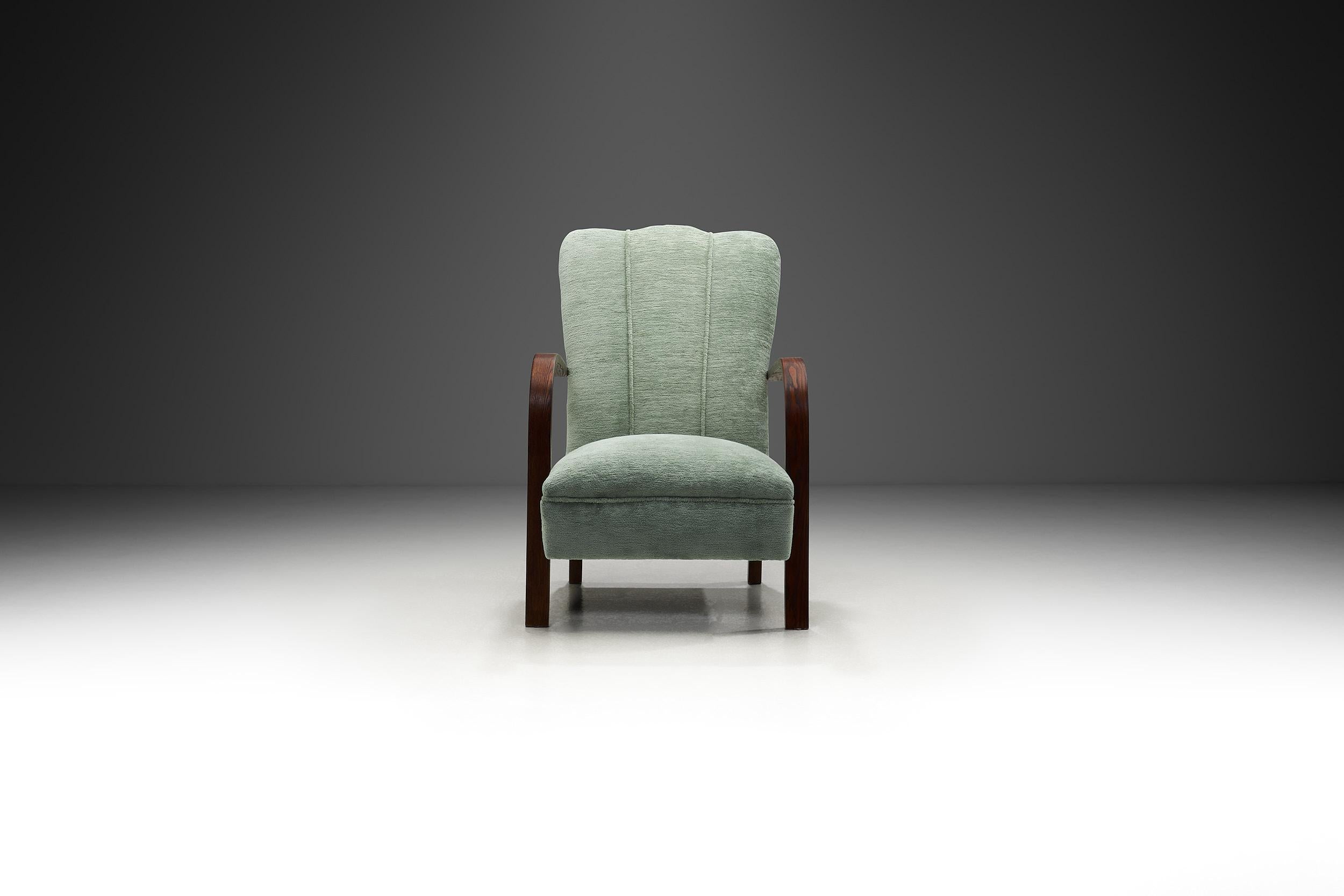 European Art Deco Oak Armchair Upholstered in Teal Fabric, Europe ca 1930s For Sale