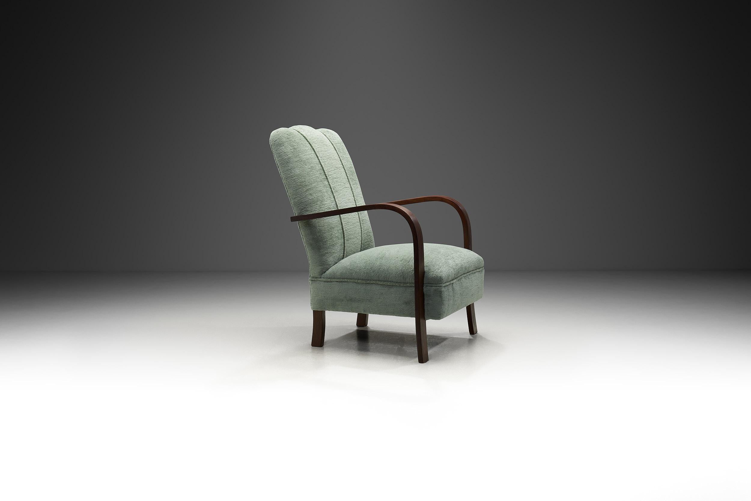 Mid-20th Century Art Deco Oak Armchair Upholstered in Teal Fabric, Europe ca 1930s For Sale