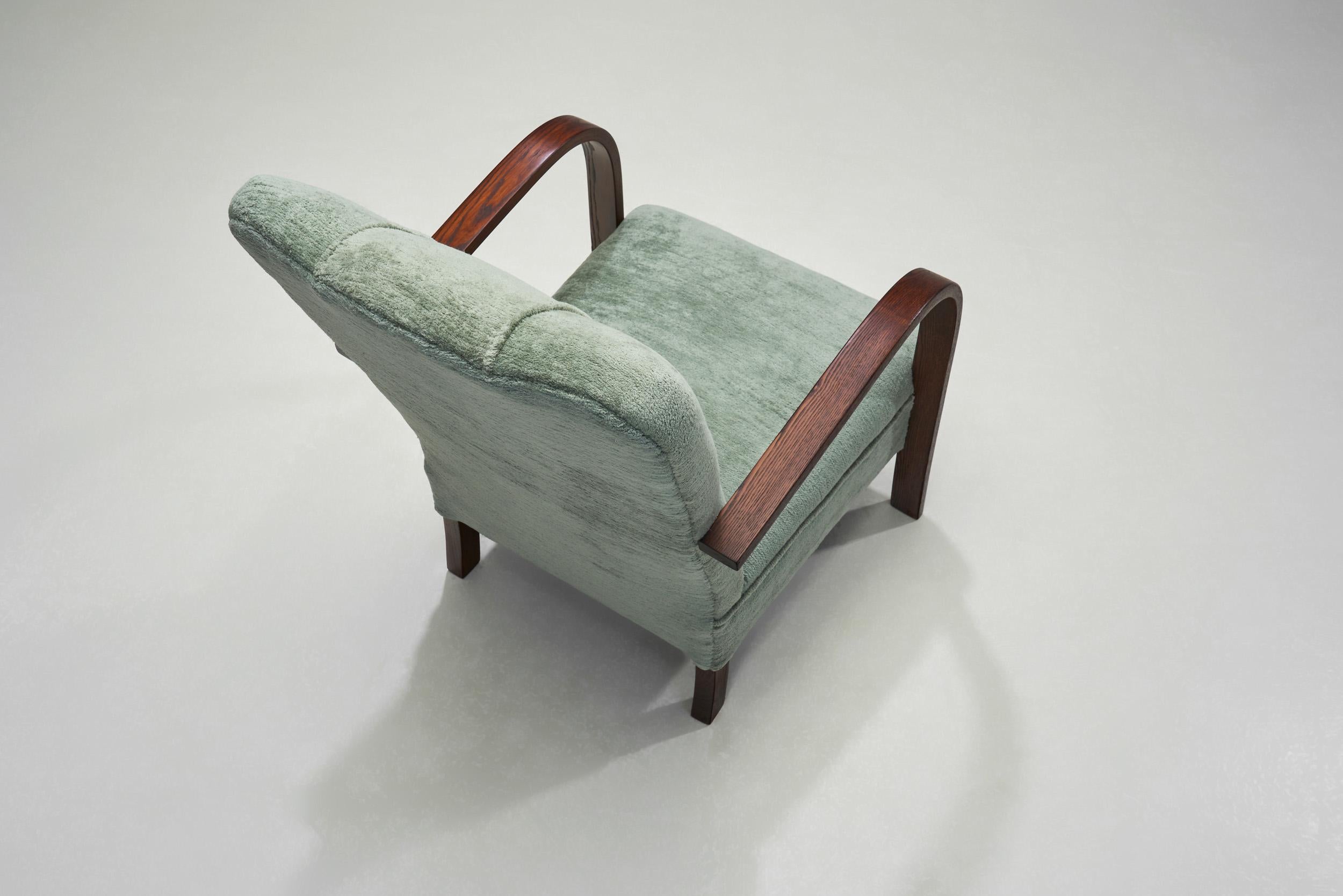 Art Deco Oak Armchair Upholstered in Teal Fabric, Europe ca 1930s For Sale 1