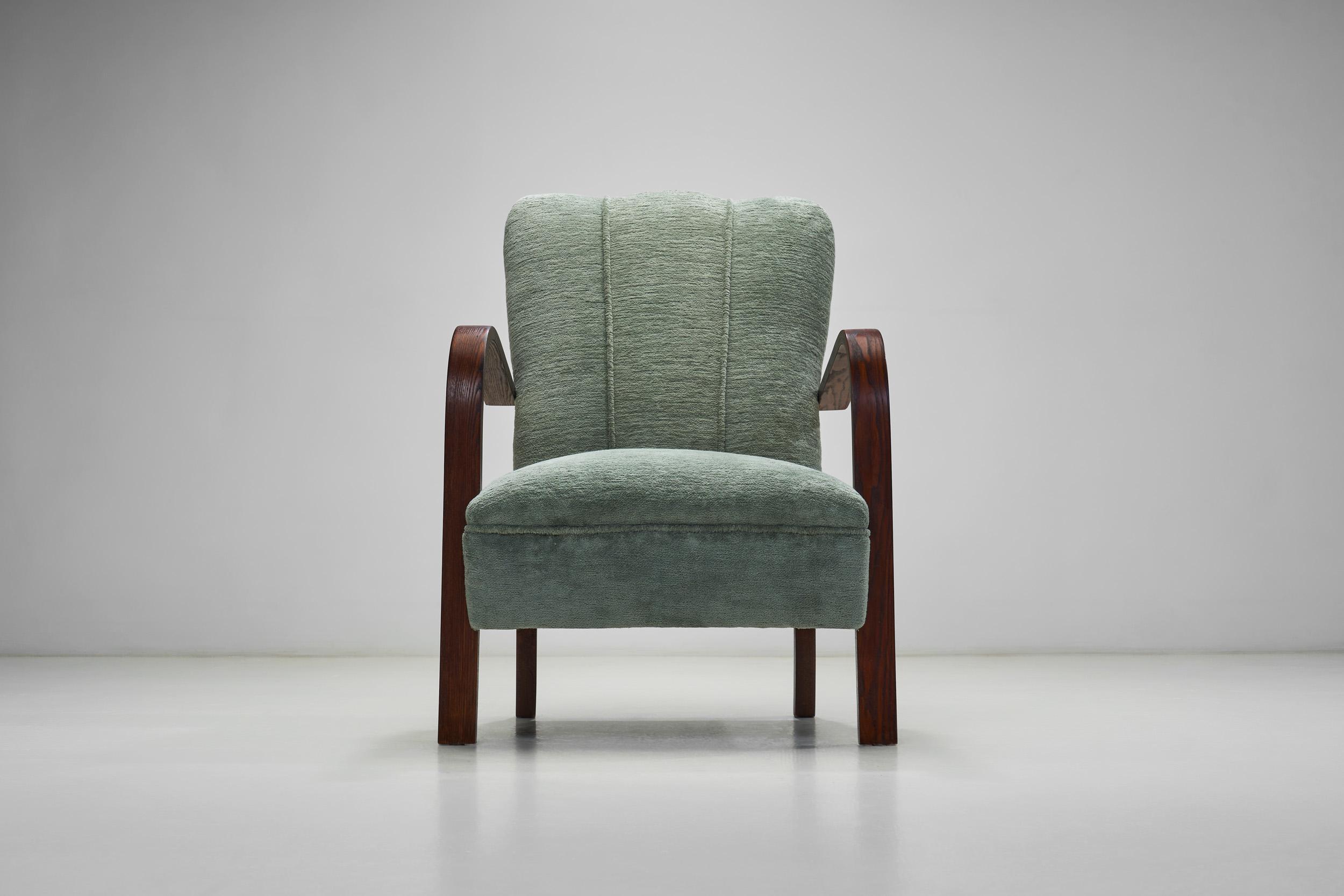 Art Deco Oak Armchair Upholstered in Teal Fabric, Europe ca 1930s For Sale 2