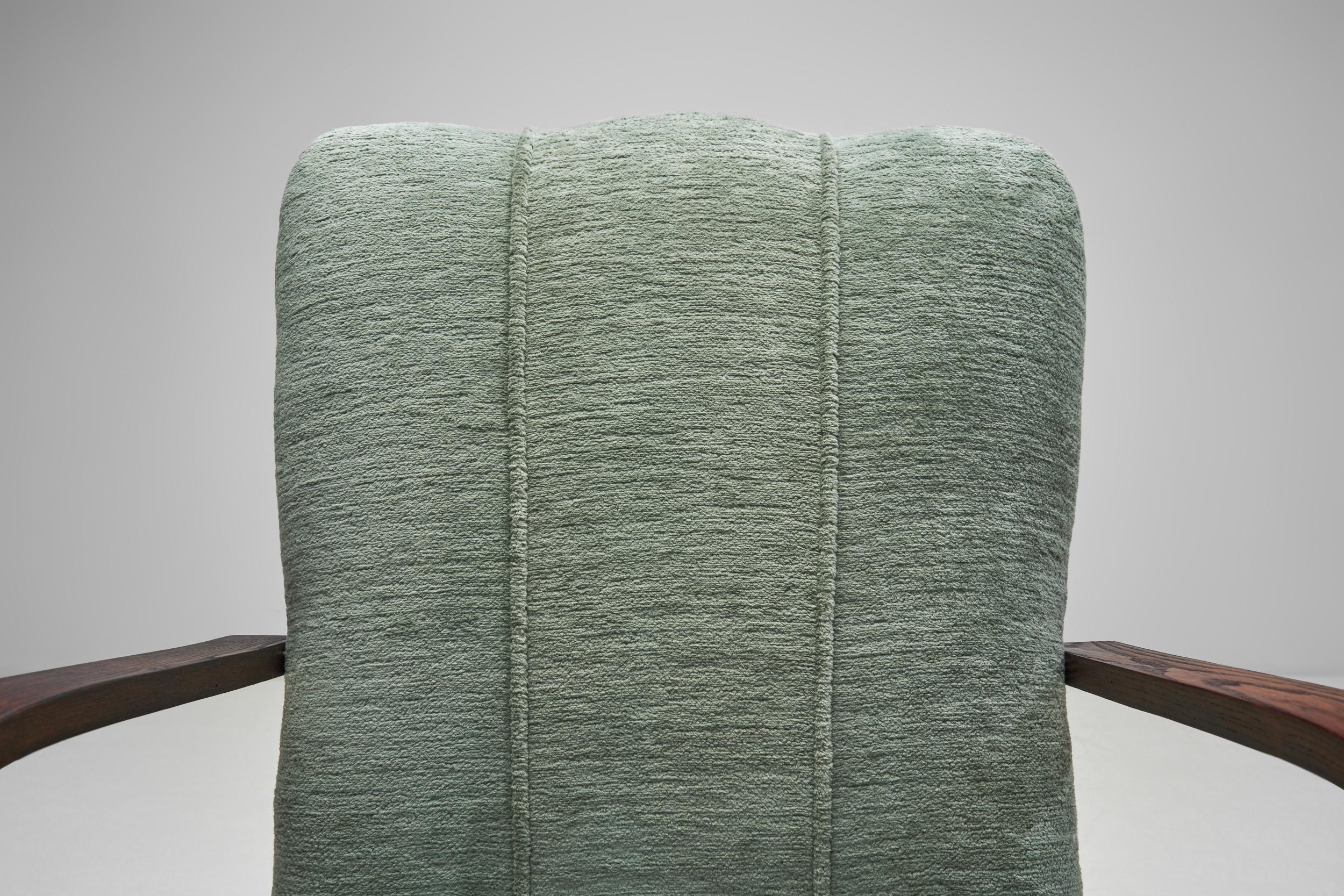 Art Deco Oak Armchair Upholstered in Teal Fabric, Europe ca 1930s For Sale 3