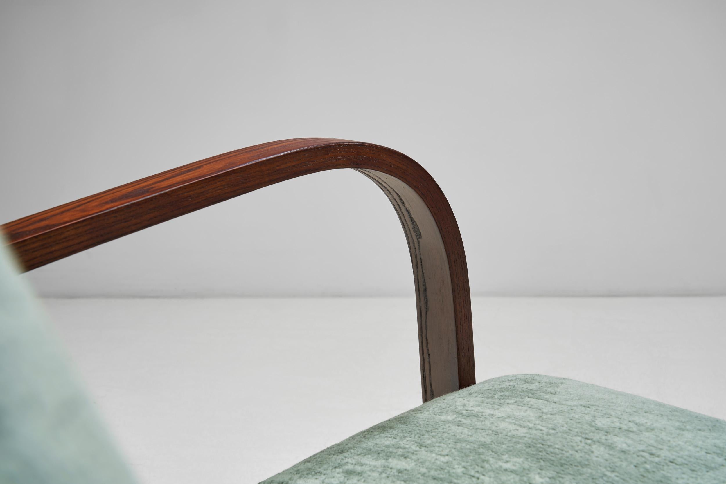 Art Deco Oak Armchair Upholstered in Teal Fabric, Europe ca 1930s For Sale 4