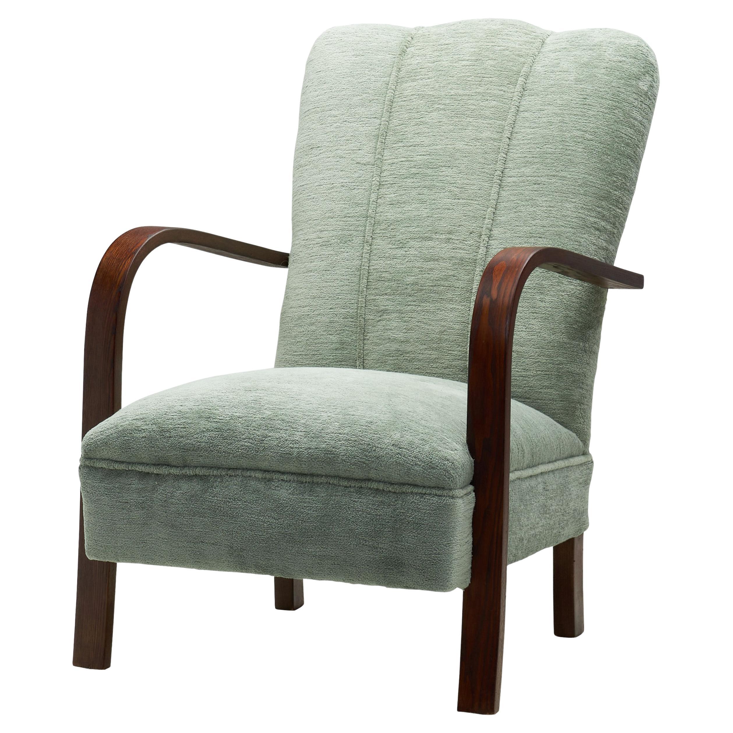 Art Deco Oak Armchair Upholstered in Teal Fabric, Europe ca 1930s