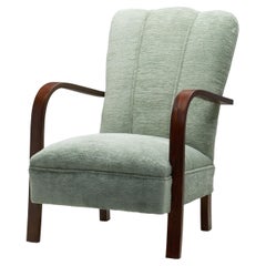 Art Deco Oak Armchair Upholstered in Teal Fabric, Europe ca 1930s
