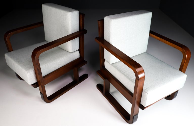 Mid-Century Modern Art-Deco Oak Armchairs in Reupholstered in Fabric, France, 1930s For Sale
