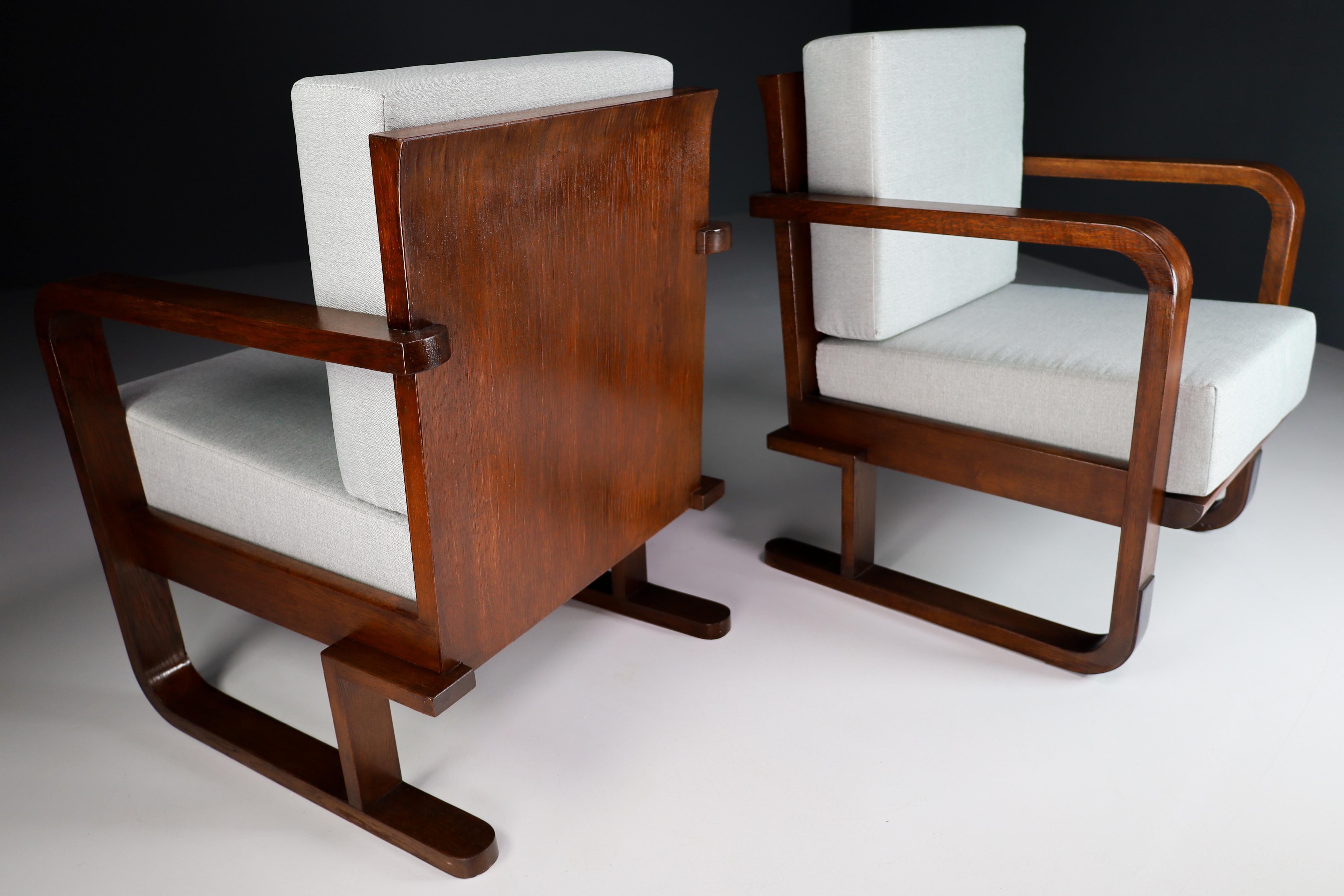 French Art-Deco Oak Armchairs in Reupholstered in Fabric, France, 1930s