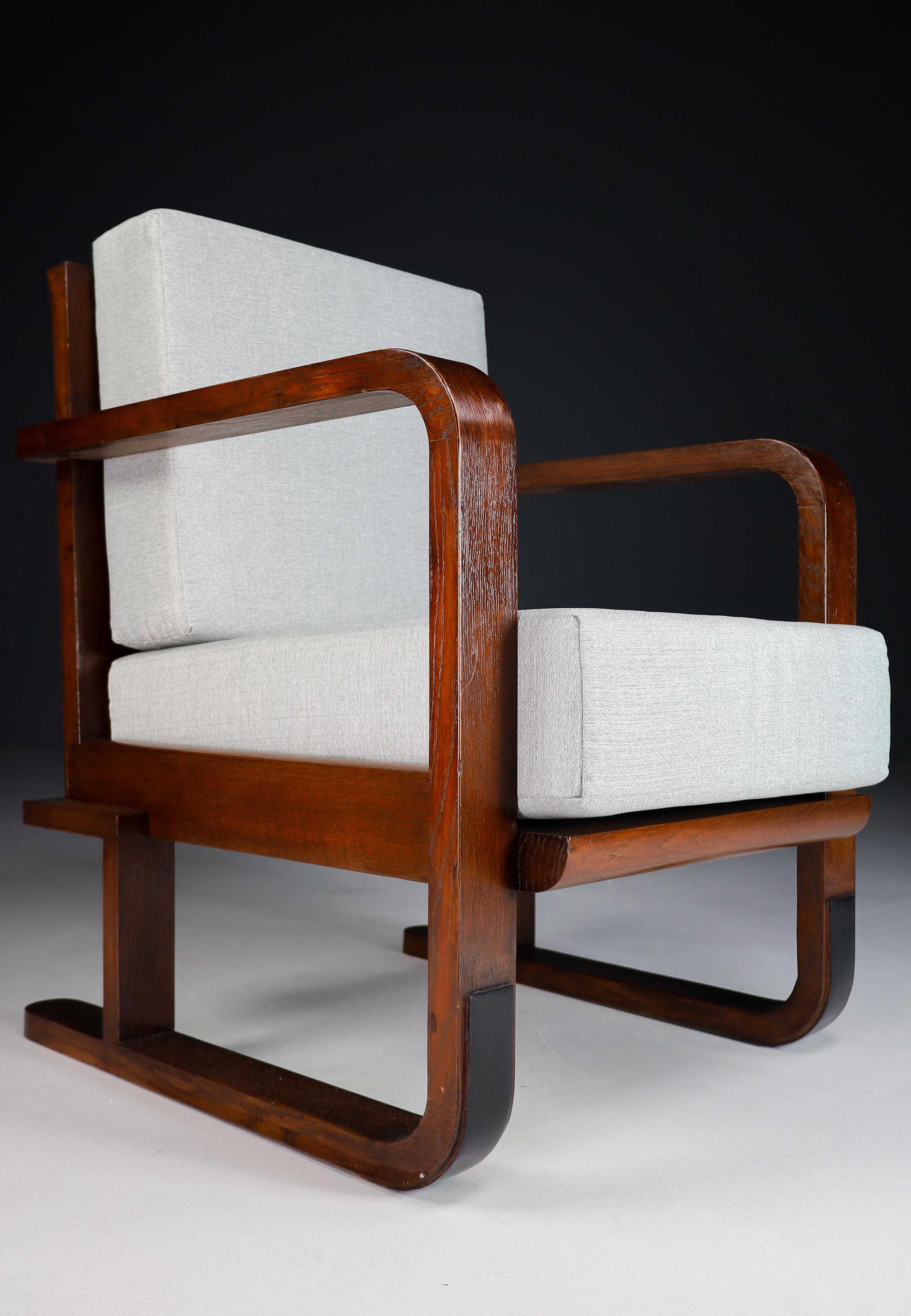 Art-Deco Oak Armchairs in Reupholstered in Fabric, France, 1930s In Good Condition In Almelo, NL