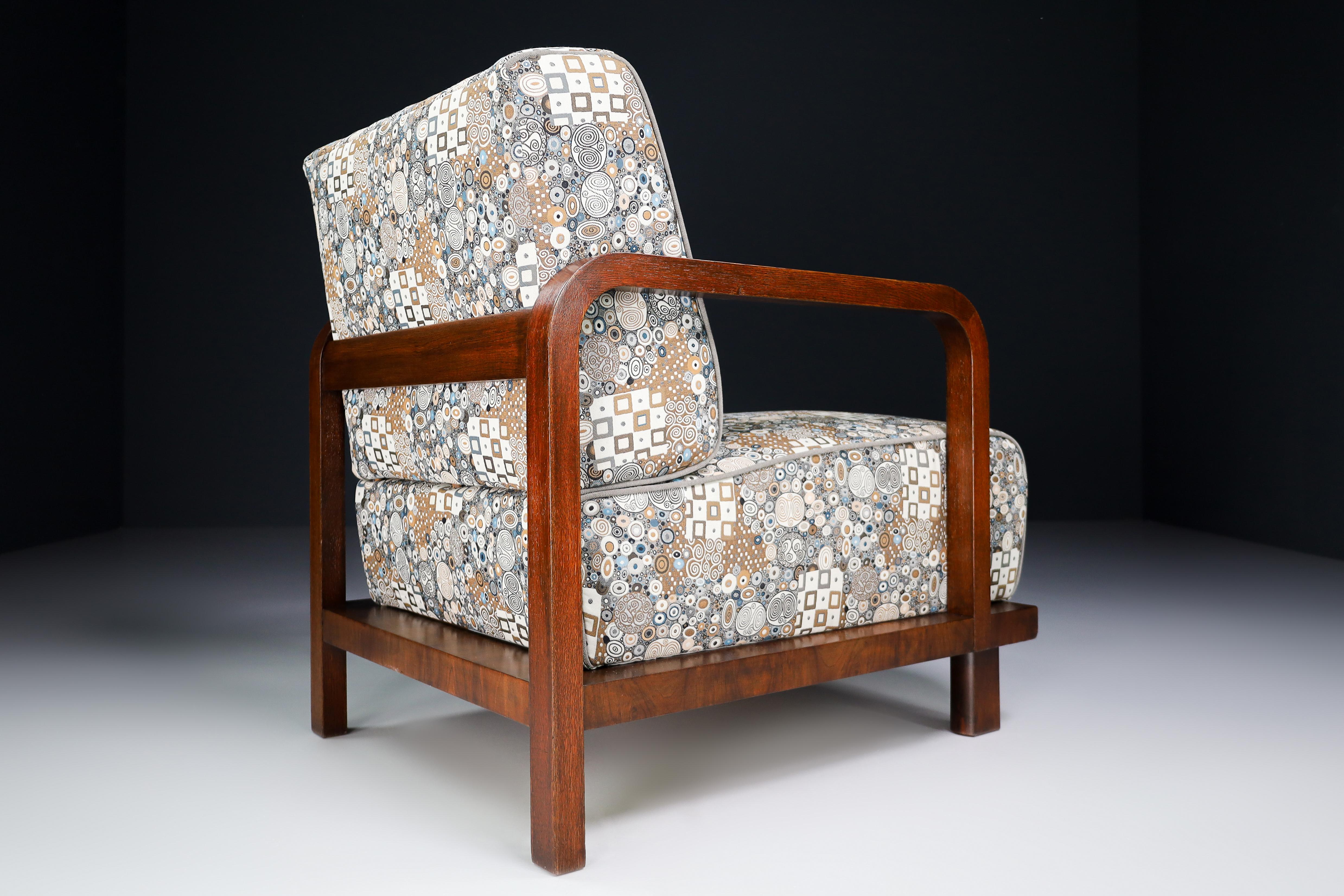 Mid-Century Modern Art-Deco Oak Armchairs in Reupholstered in Fabric, Praque, 1930s