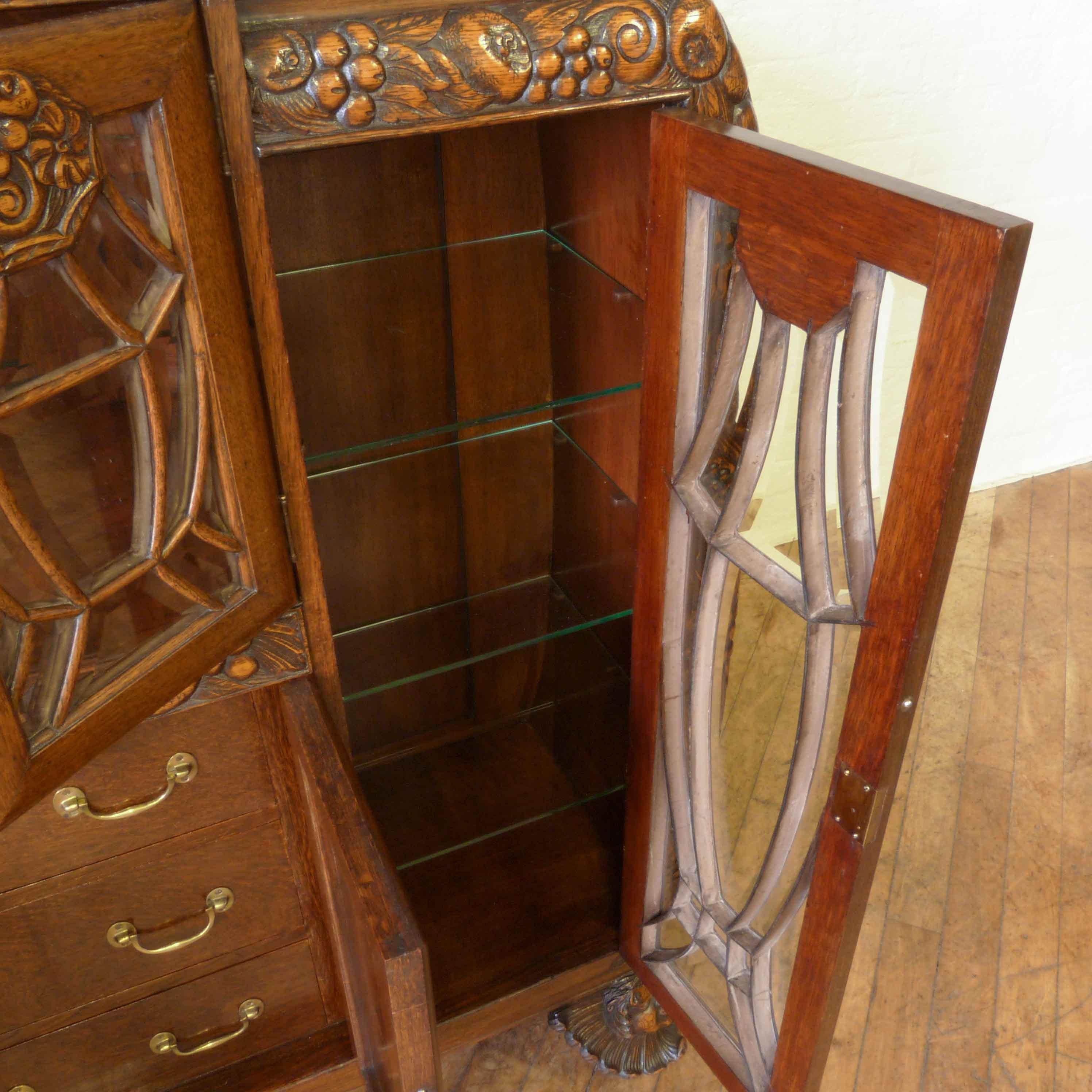 Carved Art Deco Oak Cabinet For Sale