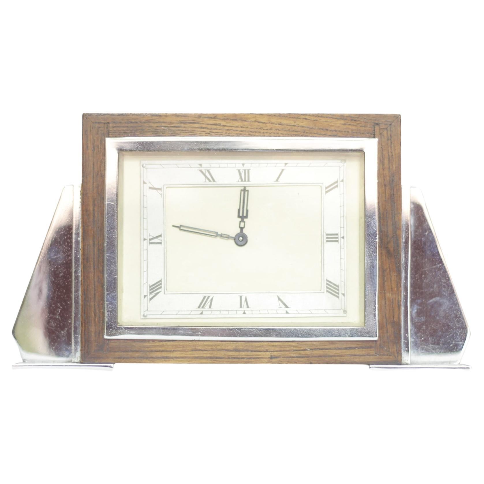 Art Deco Oak & Chrome Mantel clock For Sale