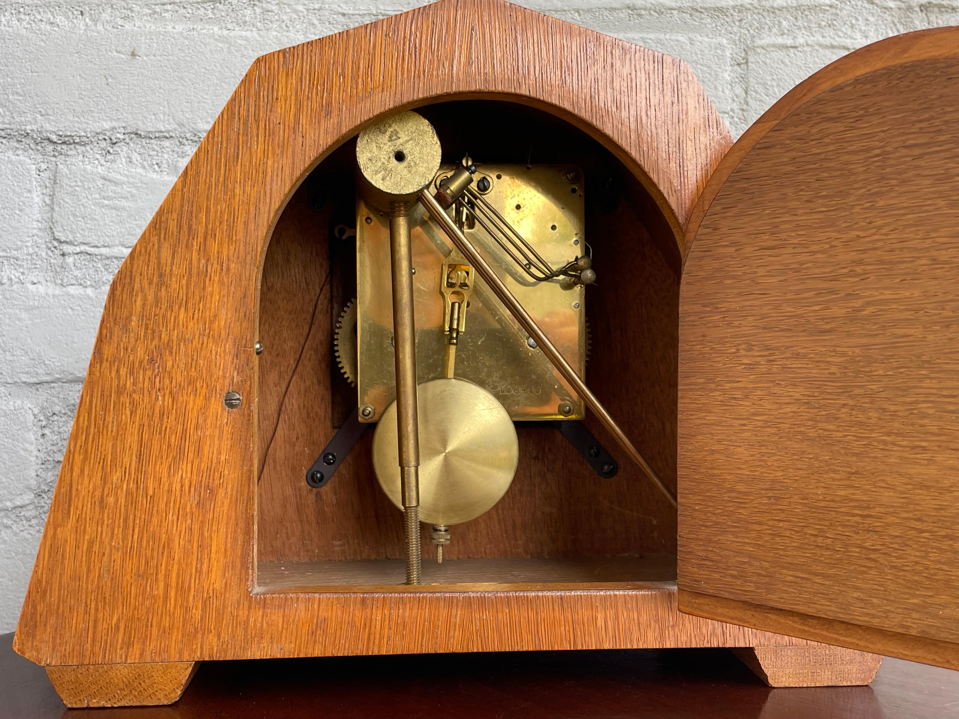 Art Deco Oak & Coromandel Mantel / Desk Clock w. Brass Arms and Dial Face 1920 For Sale 4
