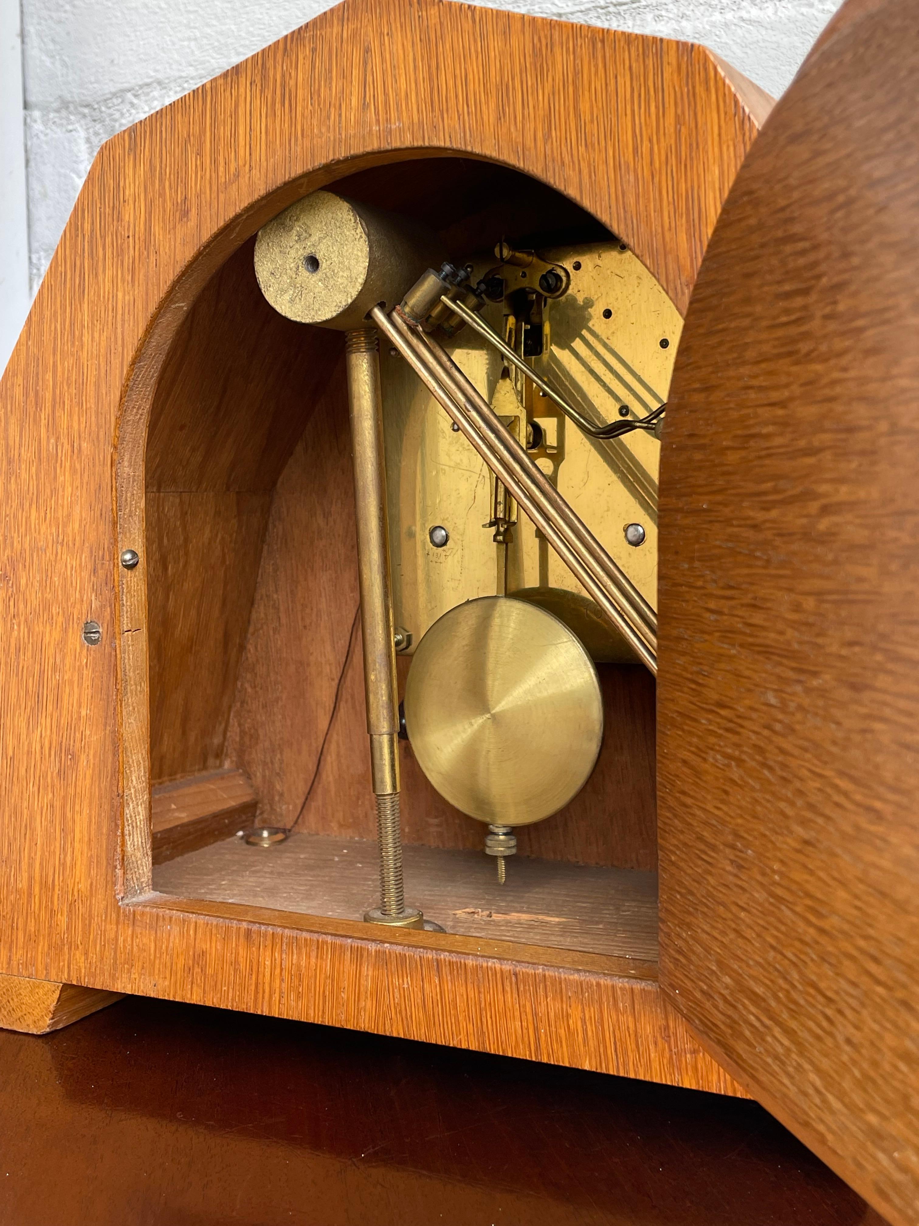Art Deco Oak & Coromandel Mantel / Desk Clock w. Brass Arms and Dial Face 1920 For Sale 7
