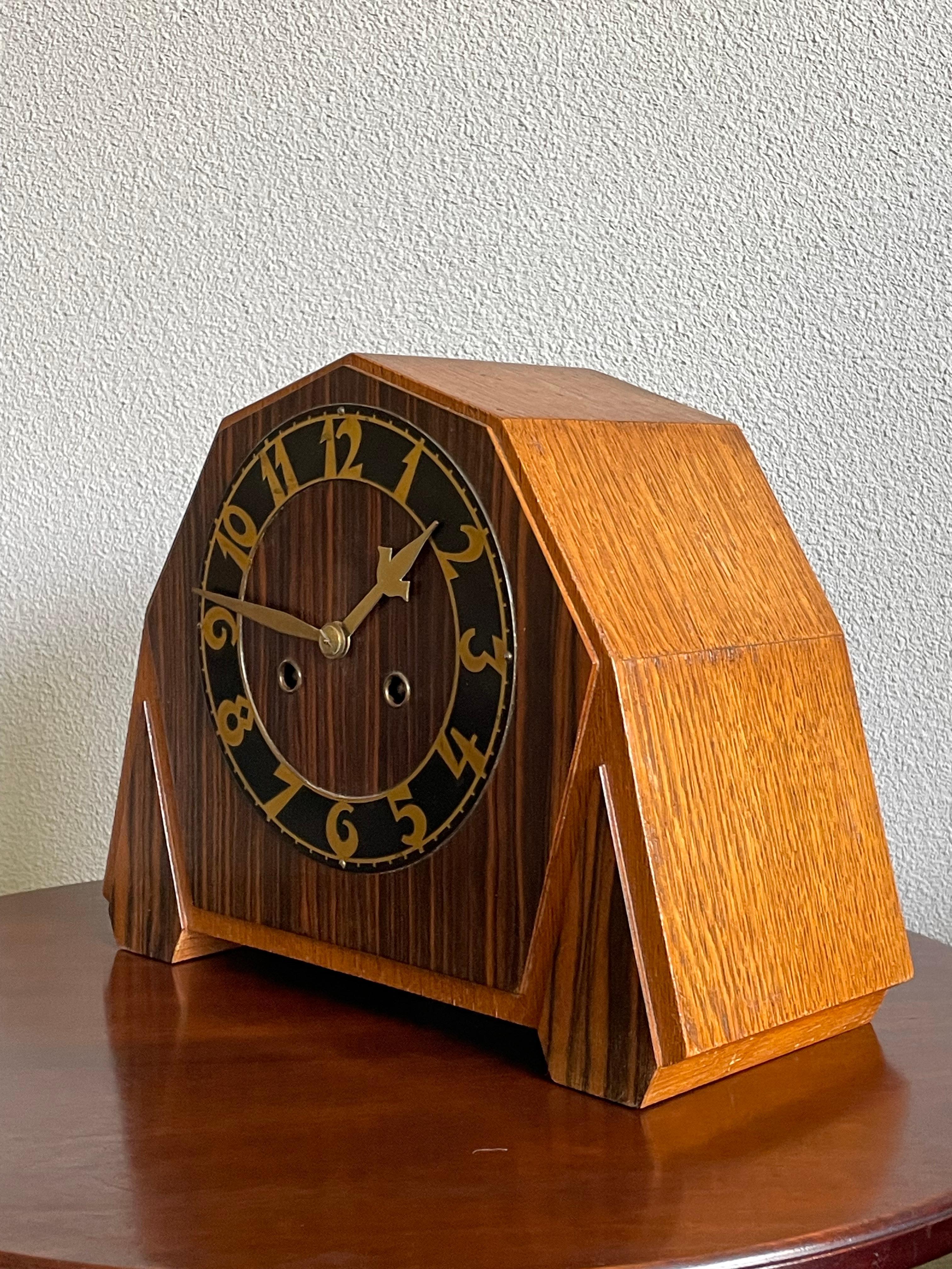 Art Deco Oak & Coromandel Mantel / Desk Clock w. Brass Arms and Dial Face 1920 For Sale 8