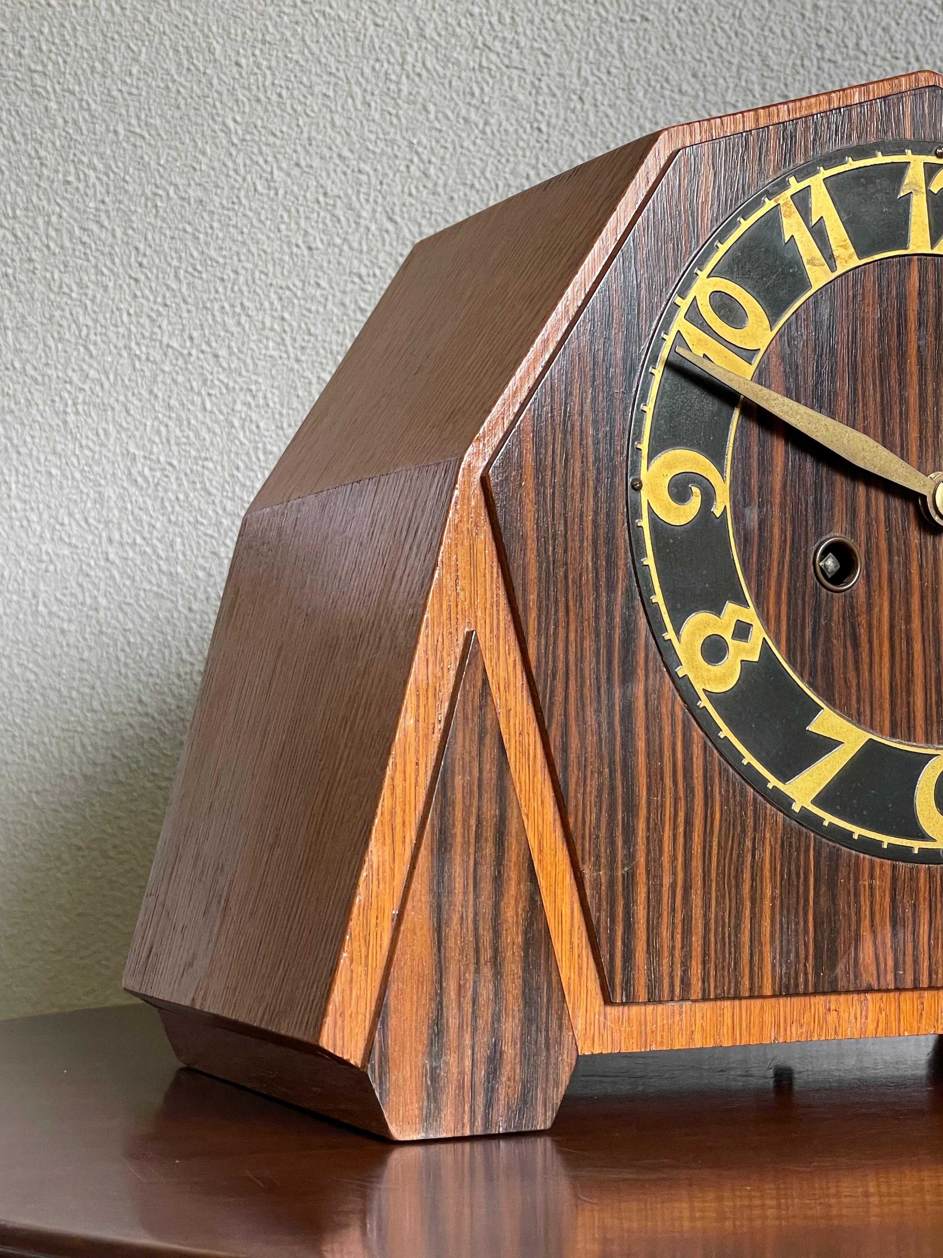 Art Deco Oak & Coromandel Mantel / Desk Clock w. Brass Arms and Dial Face 1920 For Sale 9