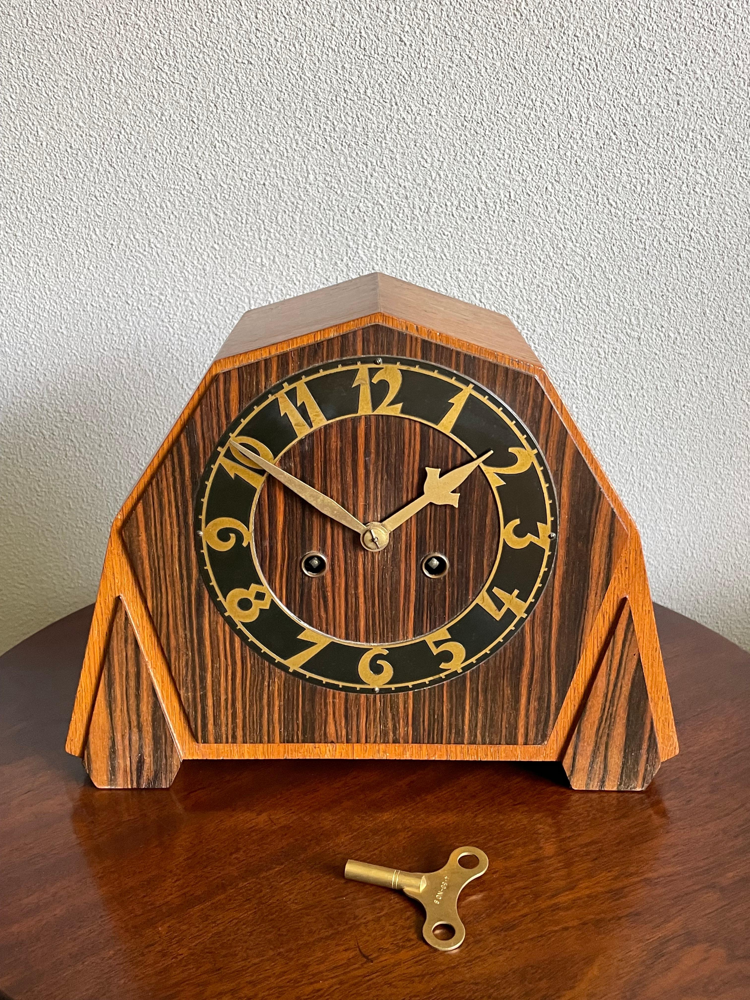 Art Deco Oak & Coromandel Mantel / Desk Clock w. Brass Arms and Dial Face 1920 For Sale 10