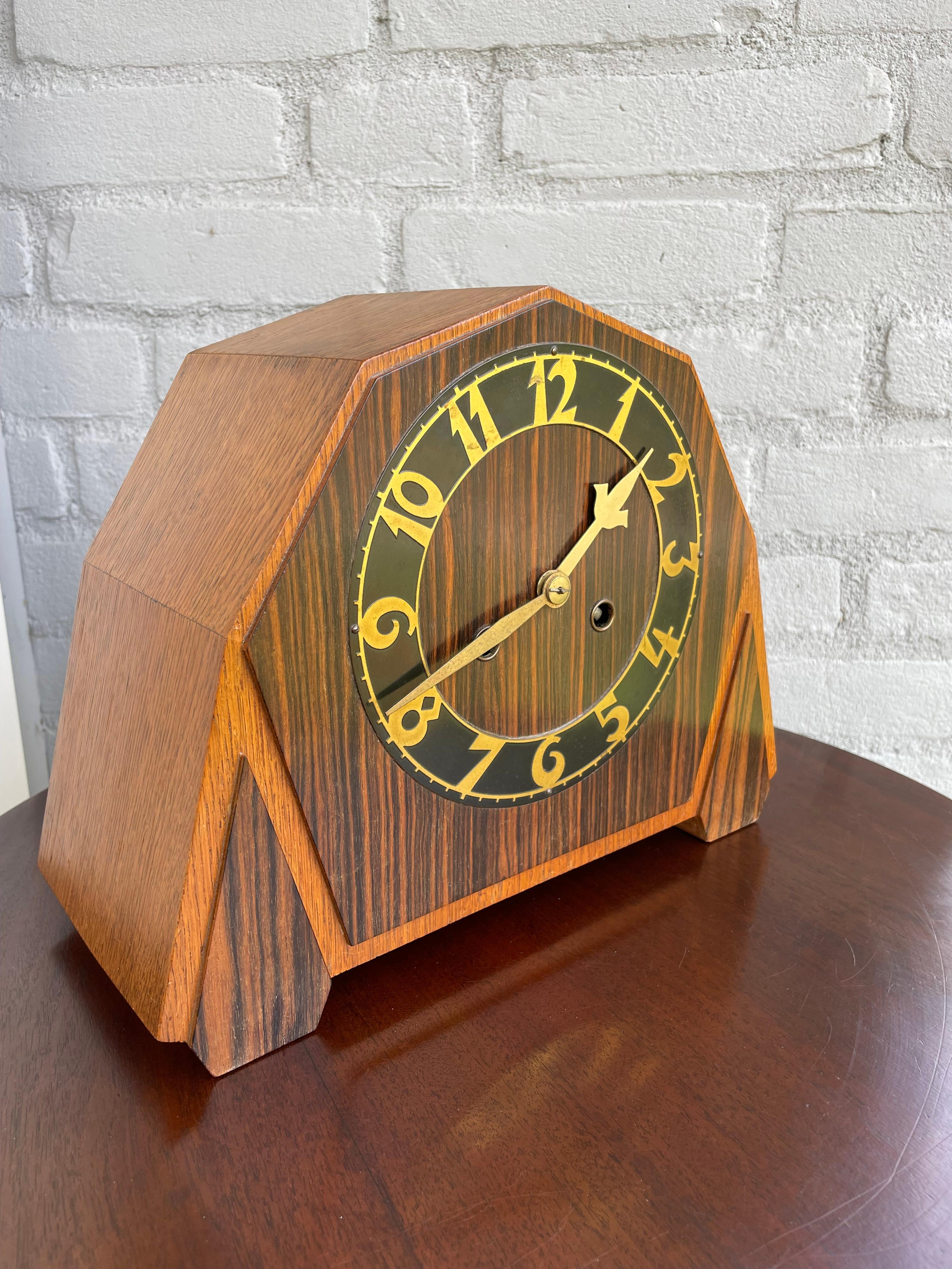 Art Deco Oak & Coromandel Mantel / Desk Clock w. Brass Arms and Dial Face 1920 For Sale 11