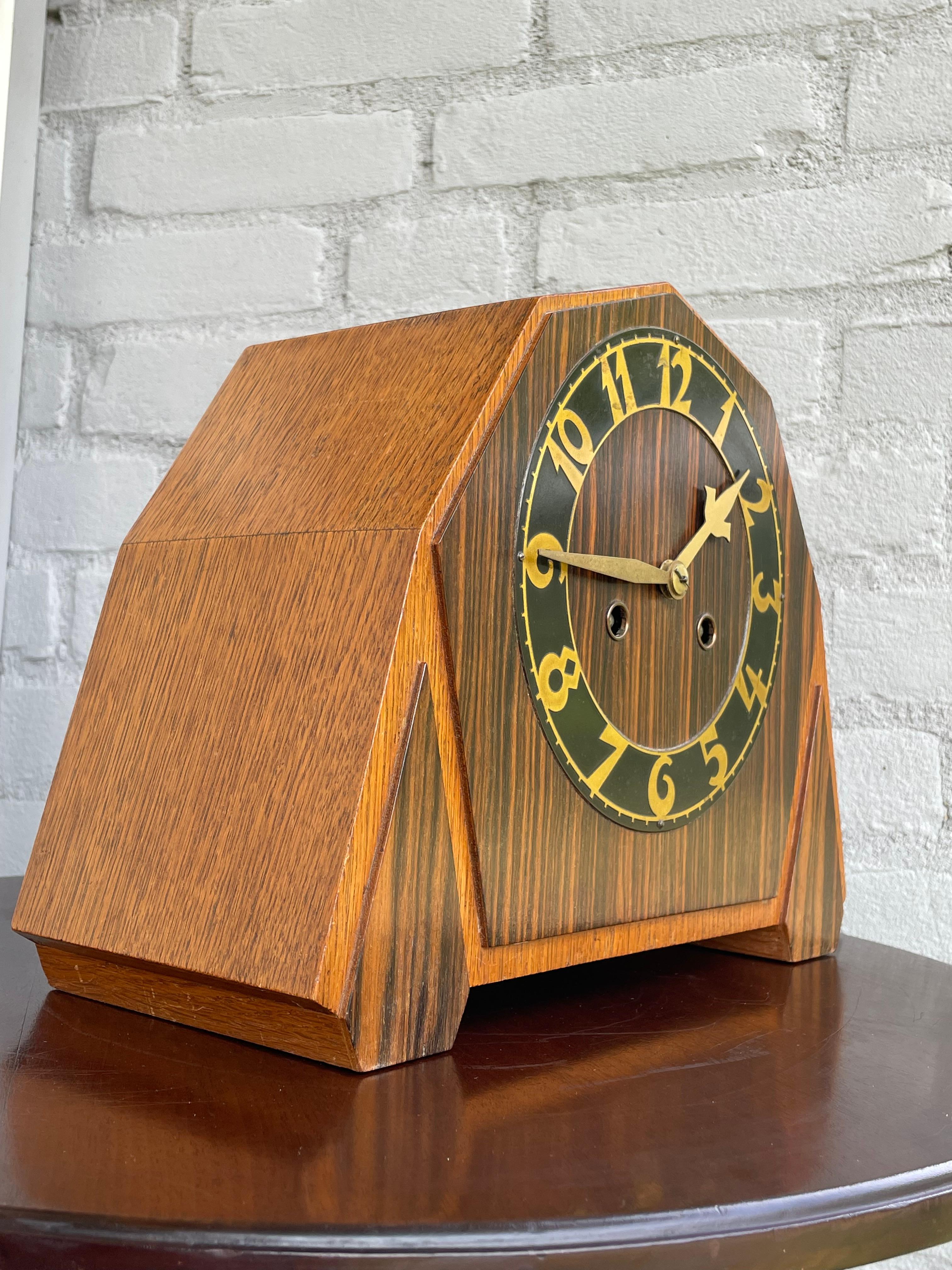Dutch Art Deco Oak & Coromandel Mantel / Desk Clock w. Brass Arms and Dial Face 1920