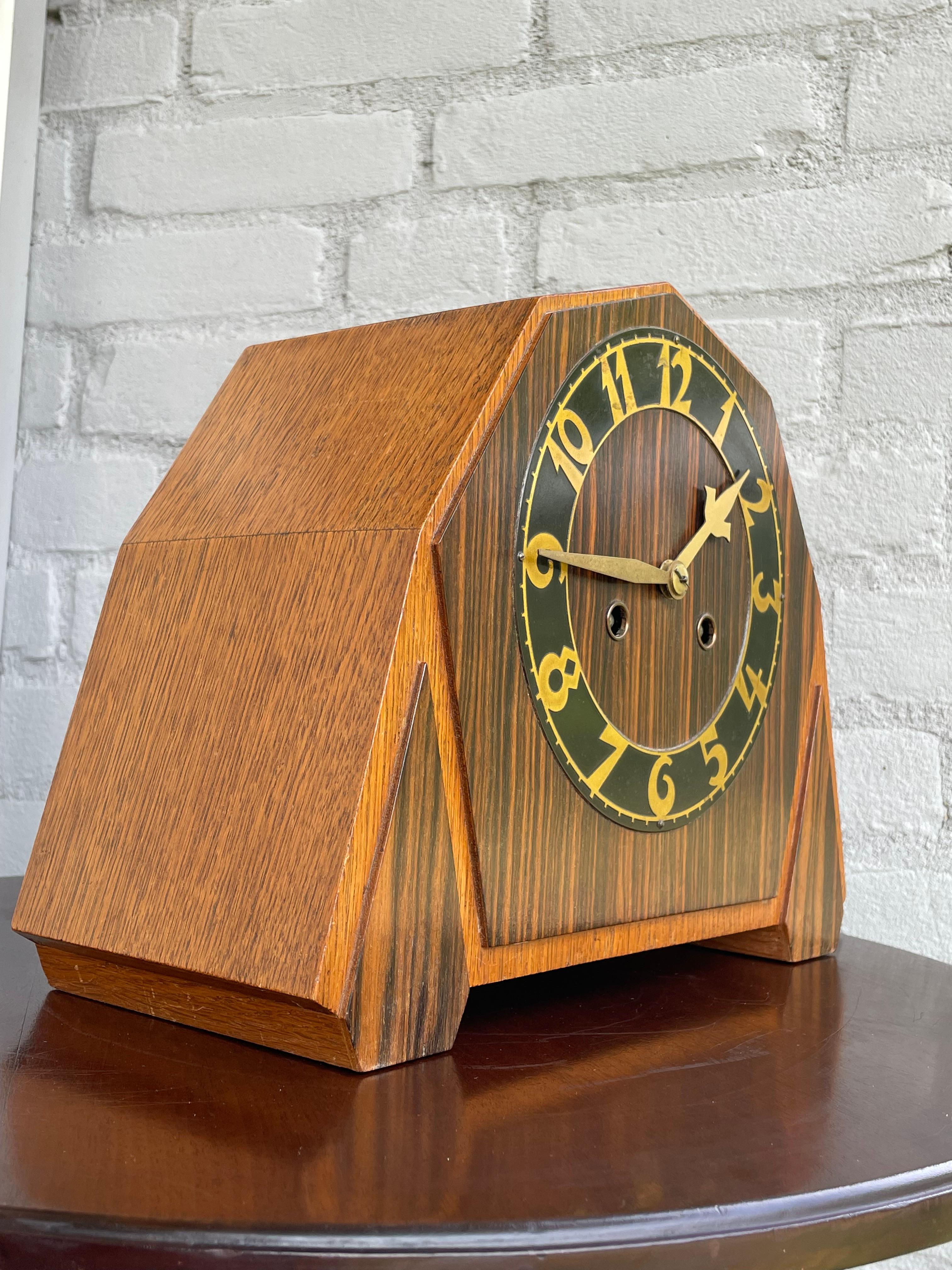 Dutch Art Deco Oak & Coromandel Mantel / Desk Clock w. Brass Arms and Dial Face 1920 For Sale