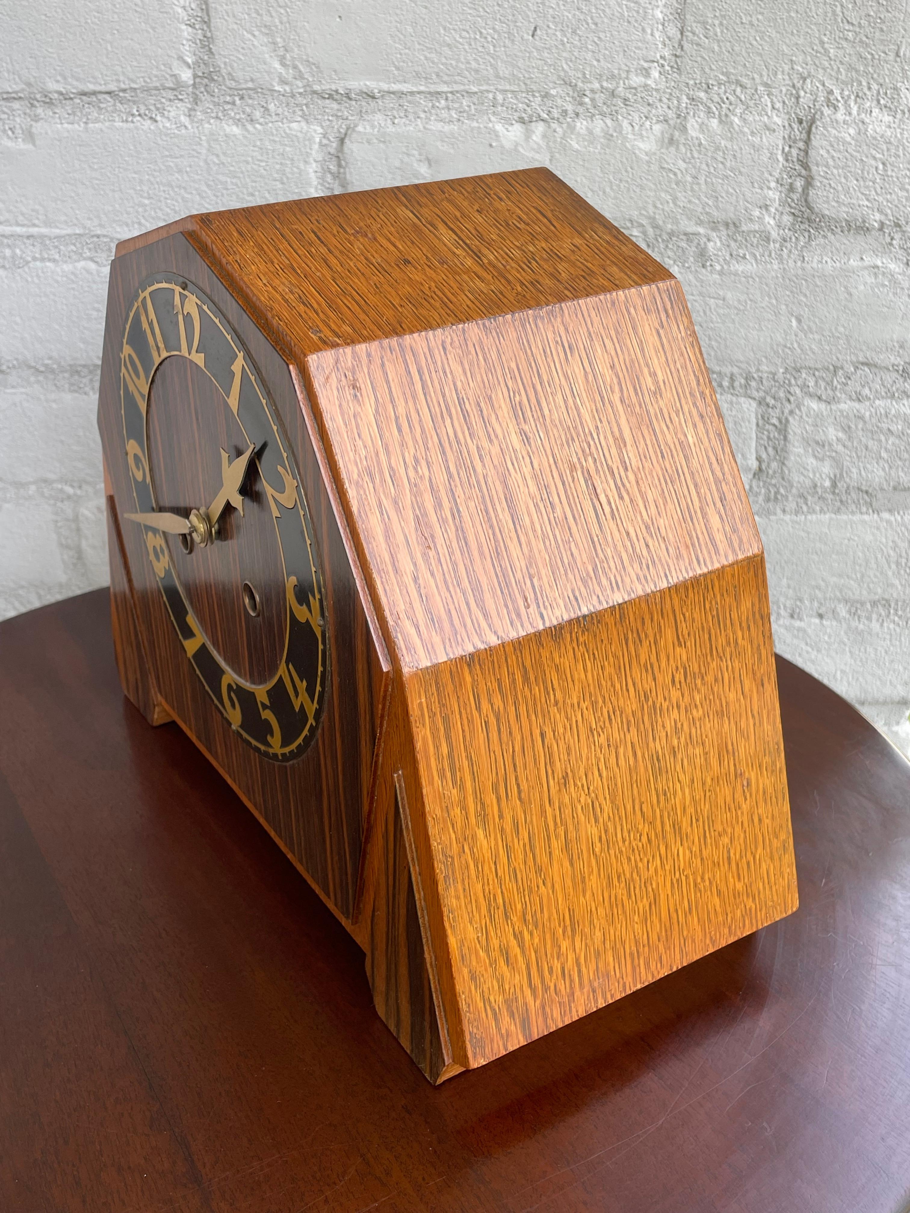 20th Century Art Deco Oak & Coromandel Mantel / Desk Clock w. Brass Arms and Dial Face 1920 For Sale
