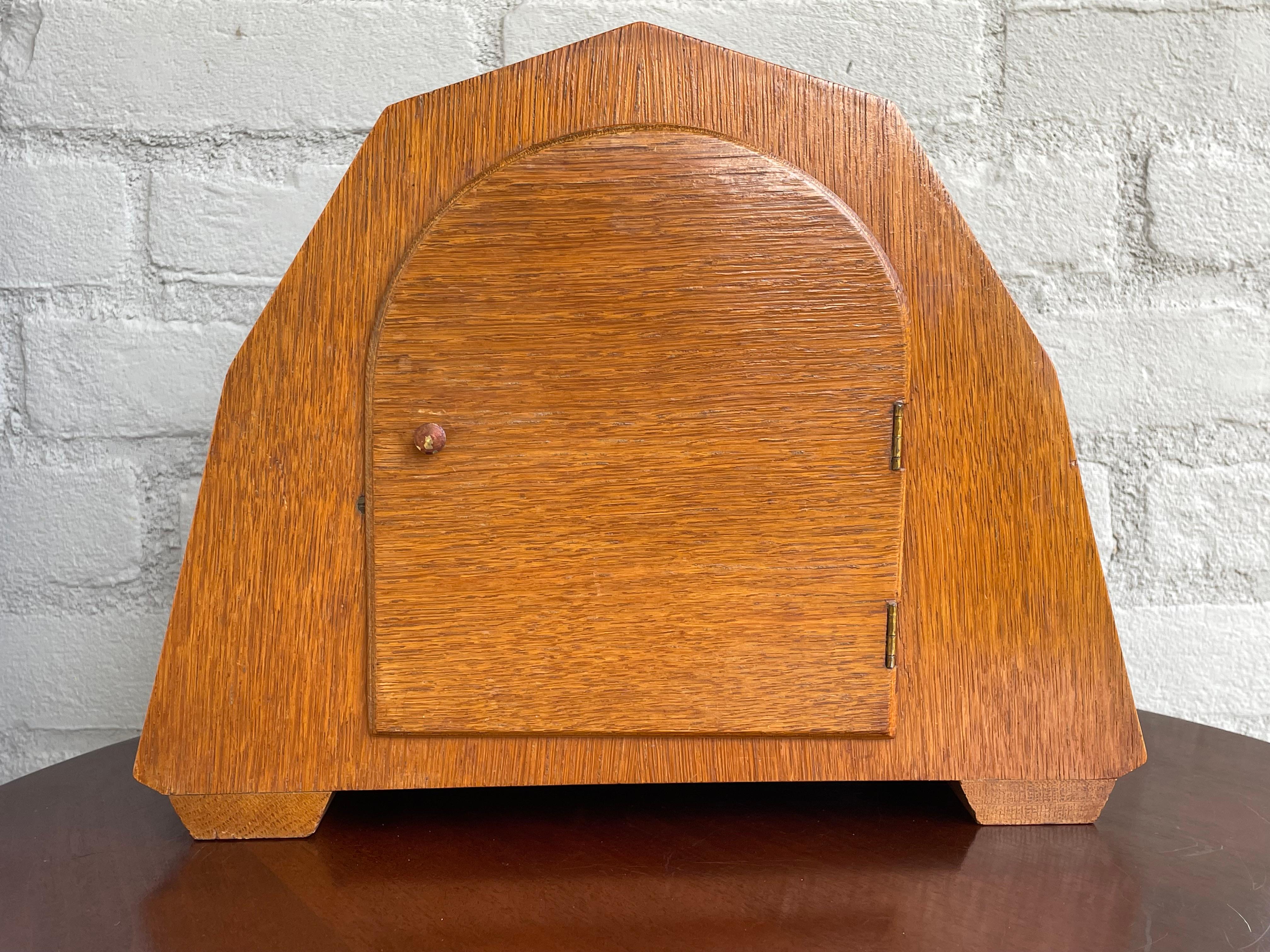 Art Deco Oak & Coromandel Mantel / Desk Clock w. Brass Arms and Dial Face 1920 For Sale 2