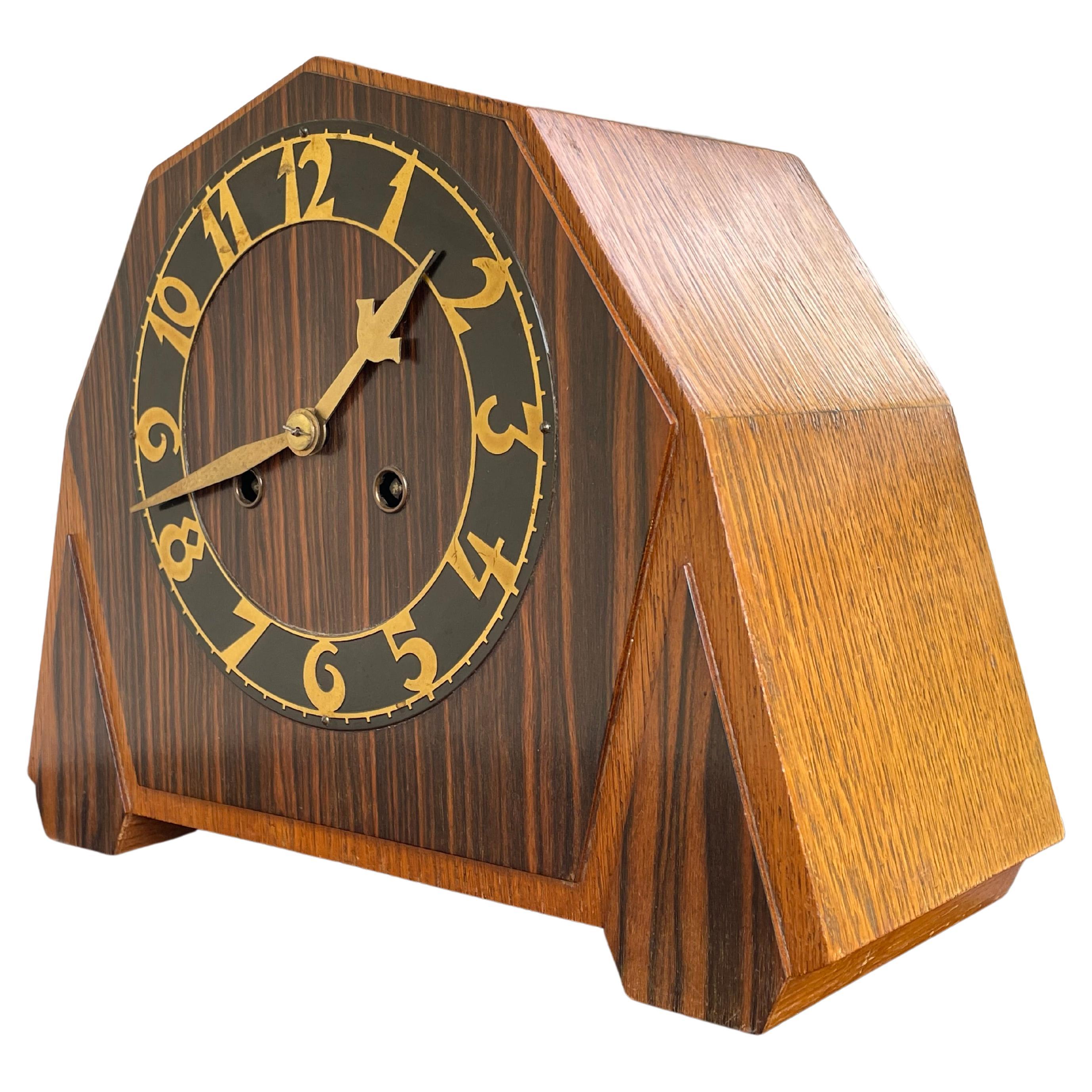 Art Deco Oak & Coromandel Mantel / Desk Clock w. Brass Arms and Dial Face 1920 For Sale