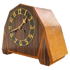 Art Deco Oak & Coromandel Mantel / Desk Clock w. Brass Arms and Dial Face 1920