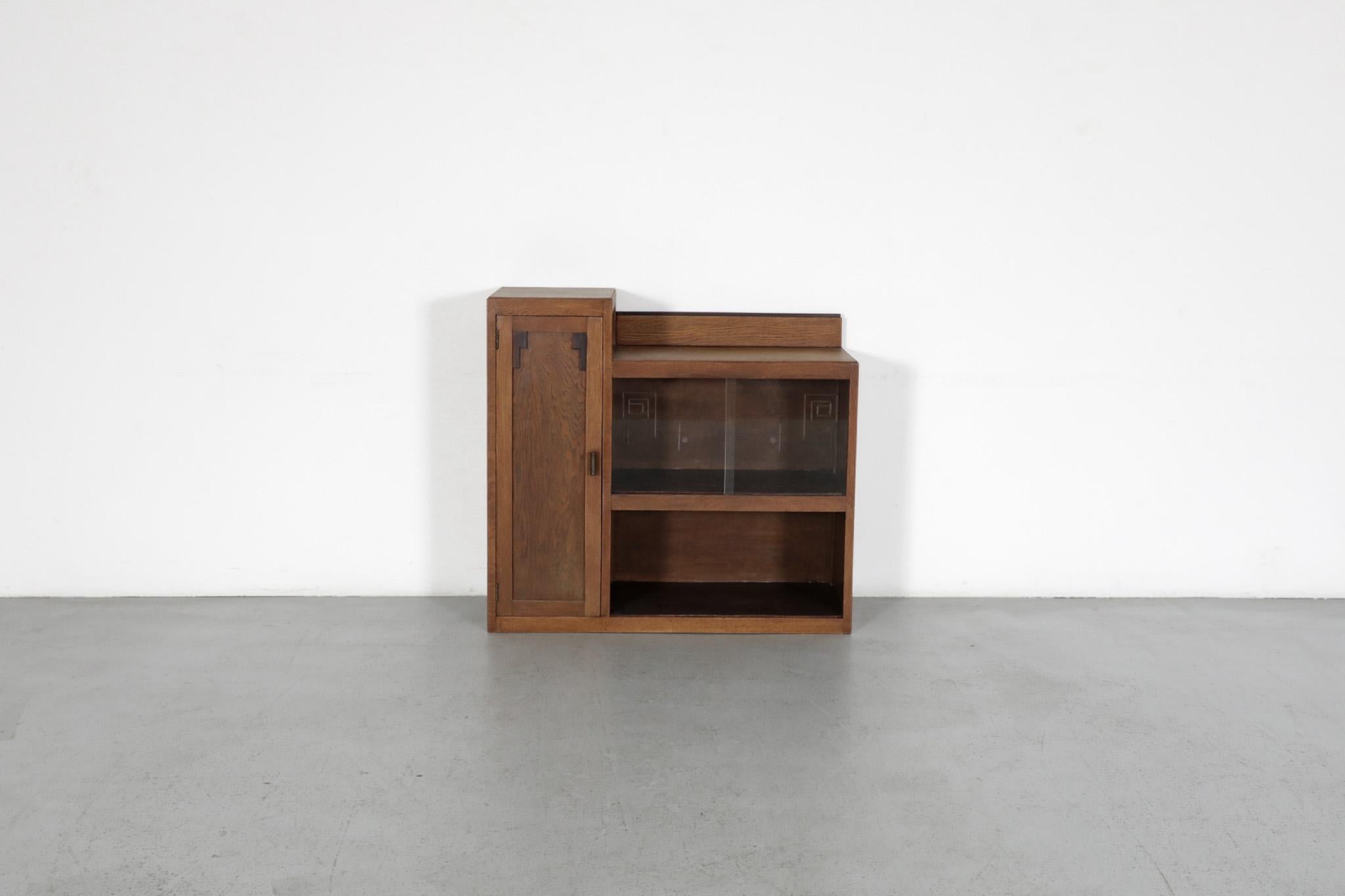 Dutch Art Deco Oak Curio Cabinet with Cocobolo Accents and Etched Glass Doors
