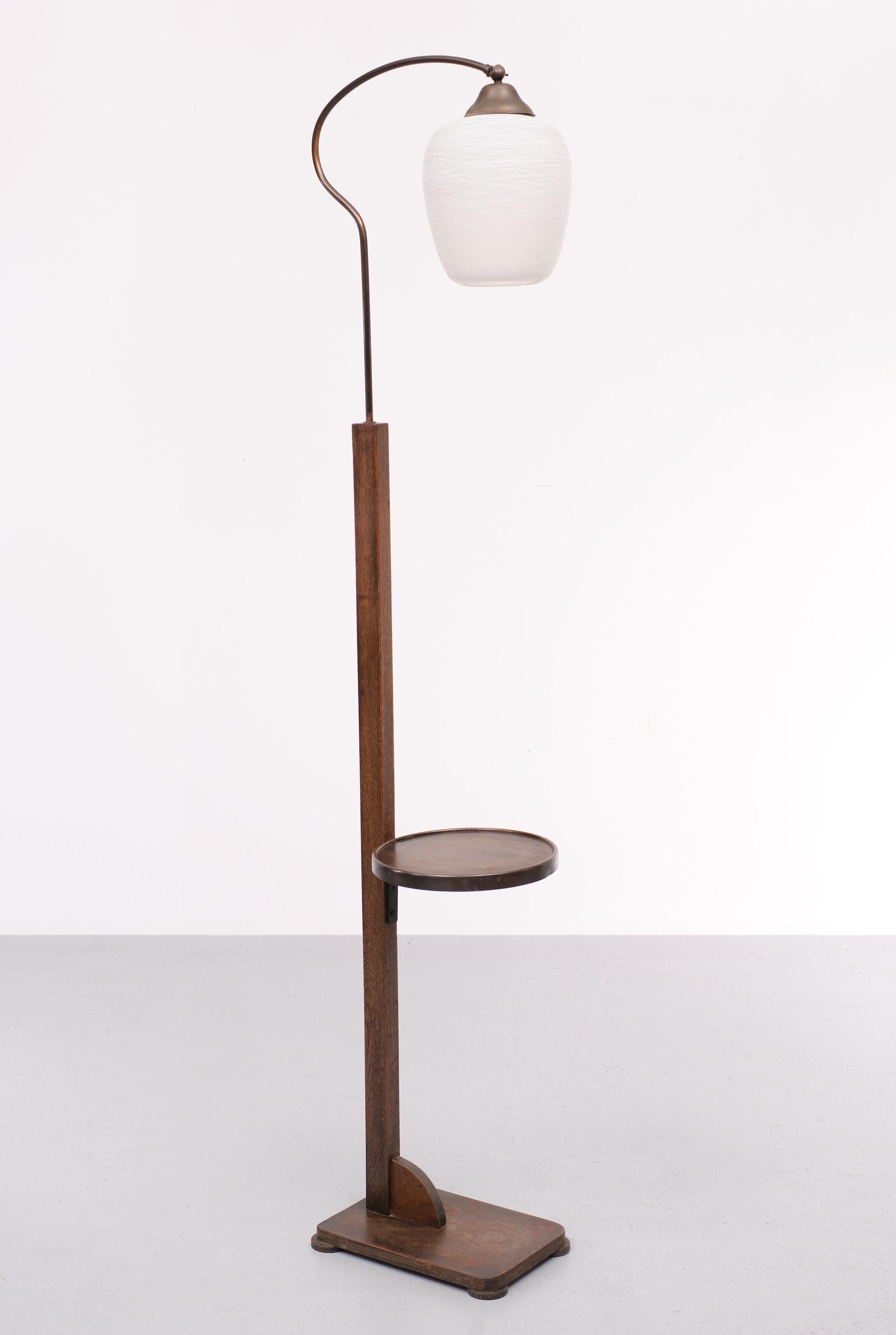 Dutch Art Deco Oak Floor Lamp with Table 1930s Holland
