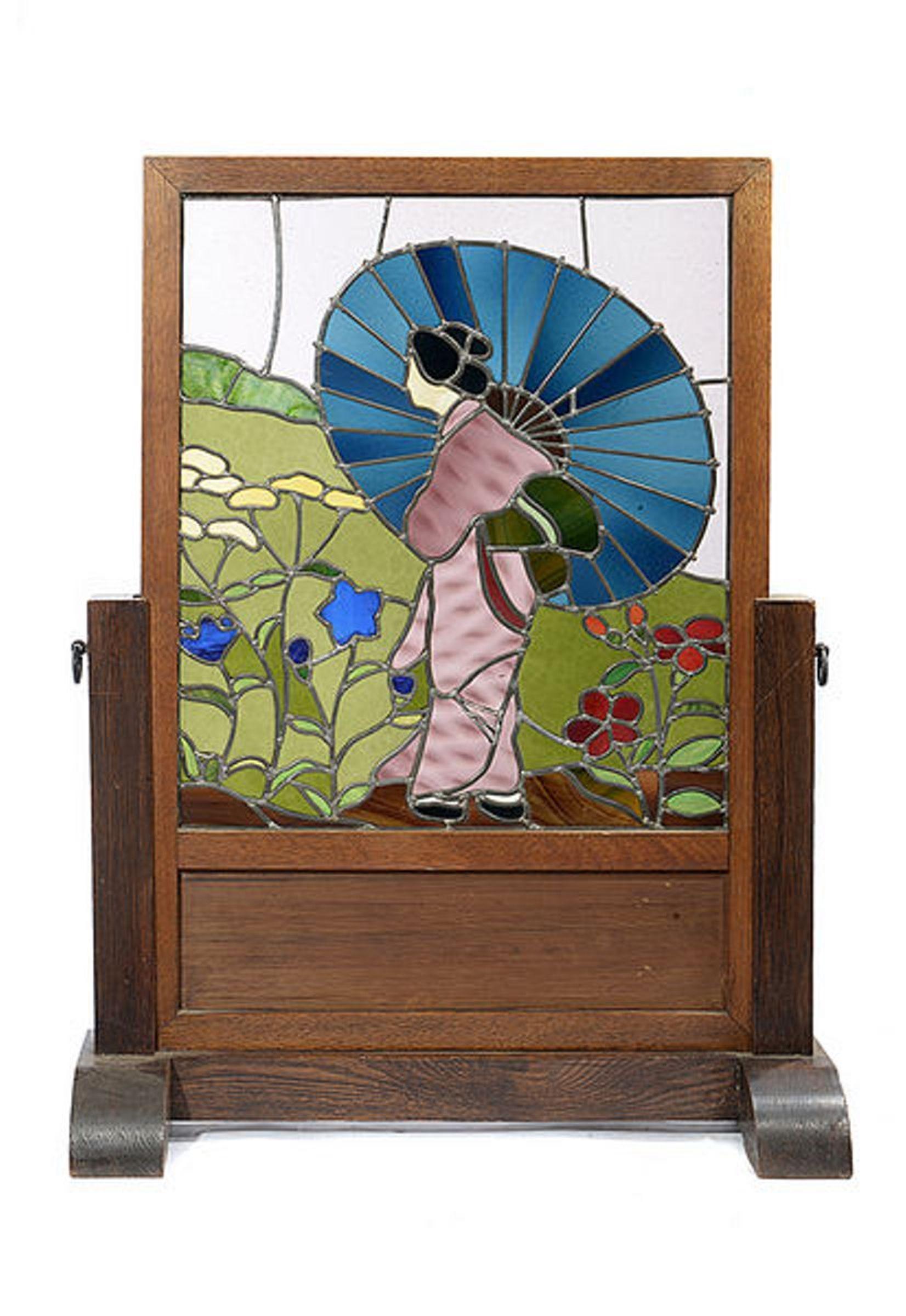 Art Deco Oak Framed Screen Depicting a Japanese Figure in a Garden Setting For Sale 1