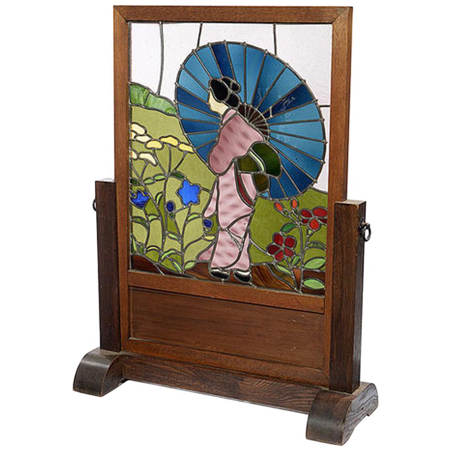 Art Deco Oak Framed Screen Depicting a Japanese Figure in a Garden Setting For Sale