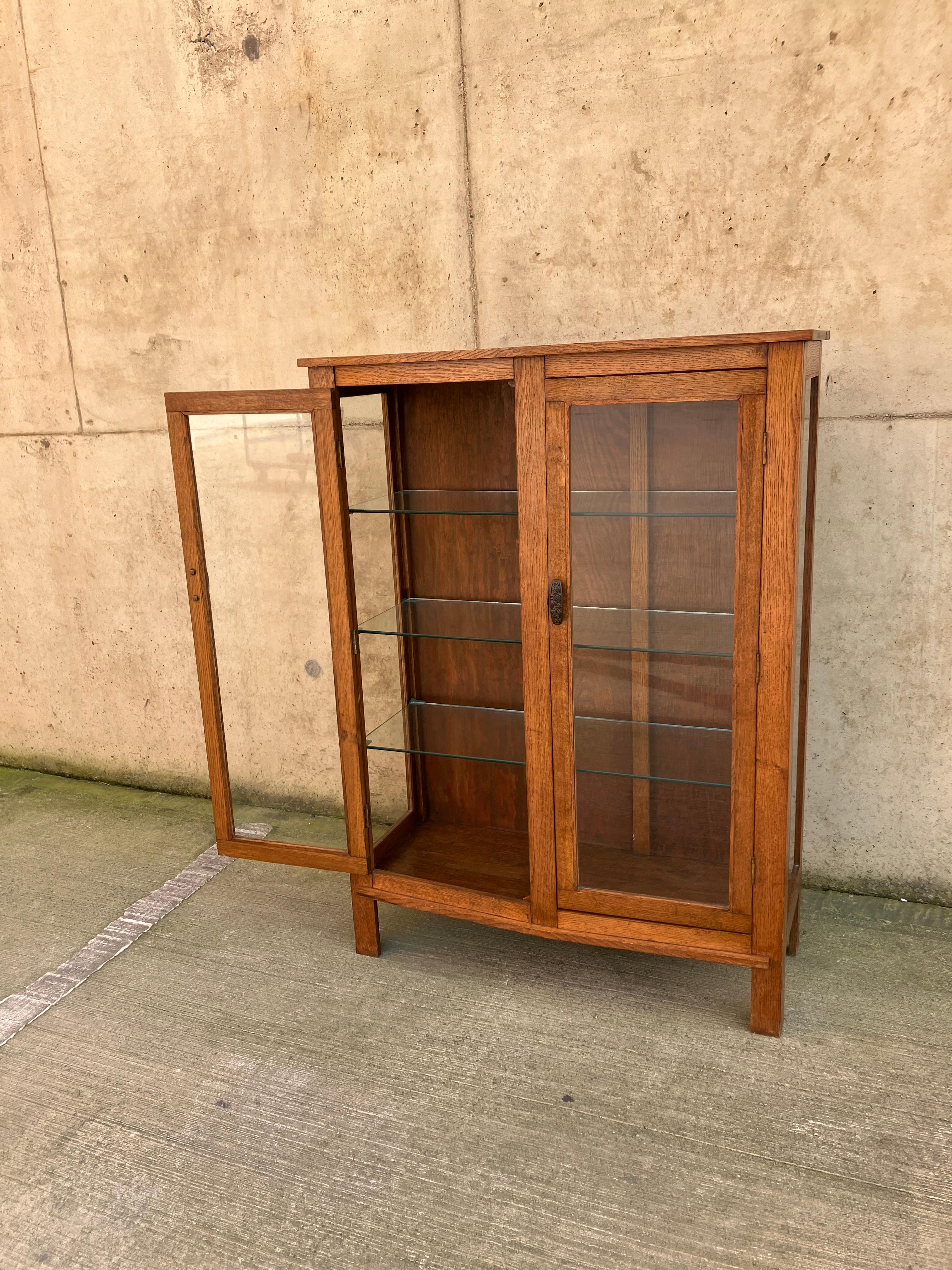 Early 20th Century Art Deco Oak Glazed Display Cabinet with Glass Shelves  For Sale