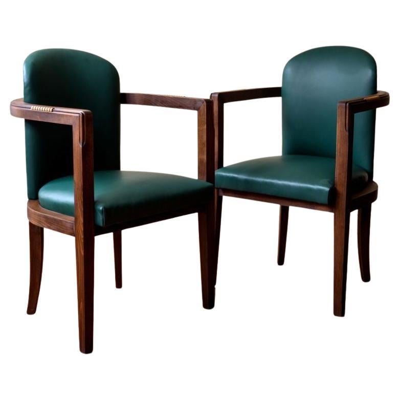 Art Deco Oak & Leather Armchairs For Sale