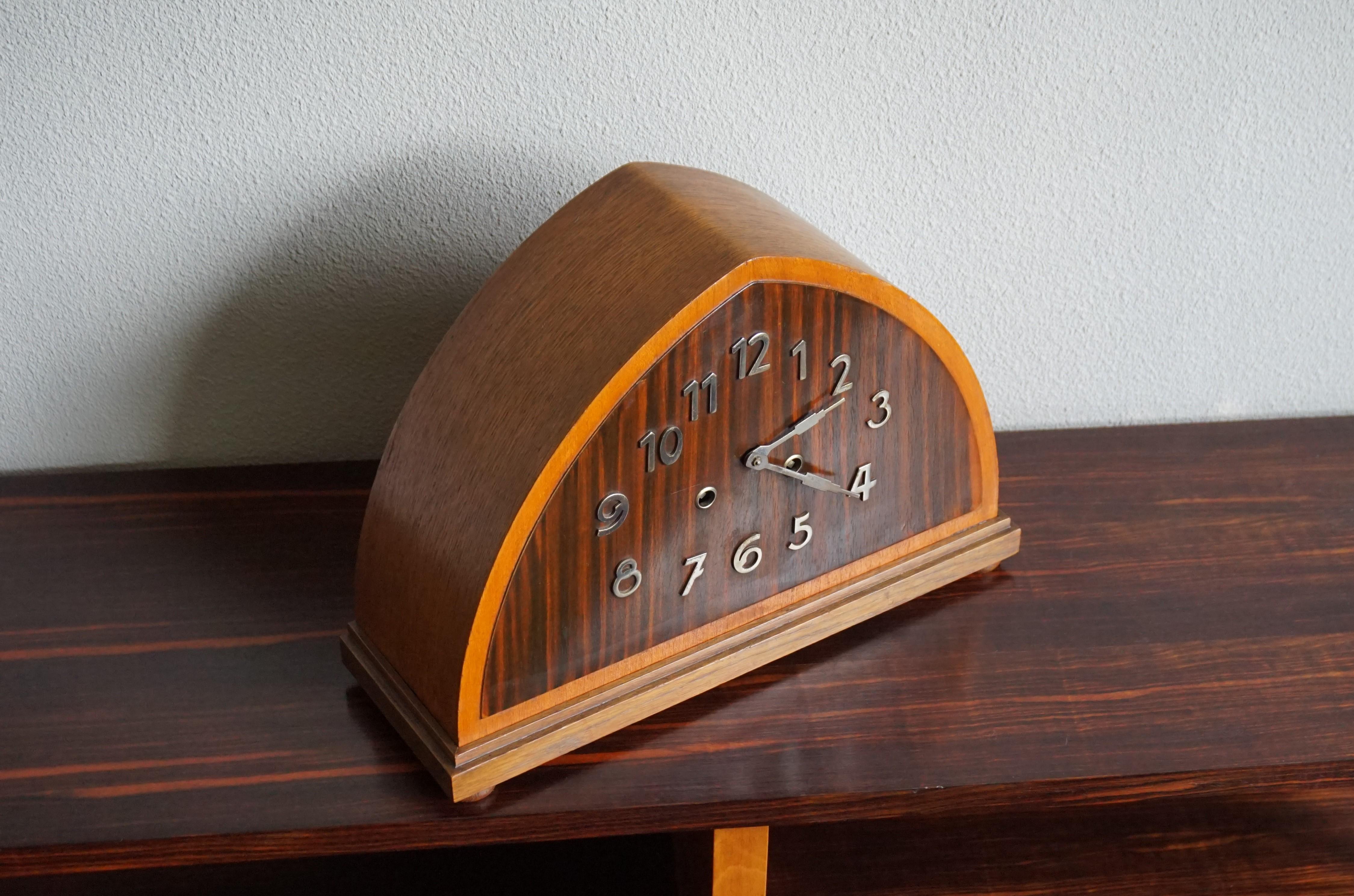 Art Deco Oak, Cocobolo & Mahogany Mantle or Desk Clock w. Chrome Metal Numerals 6