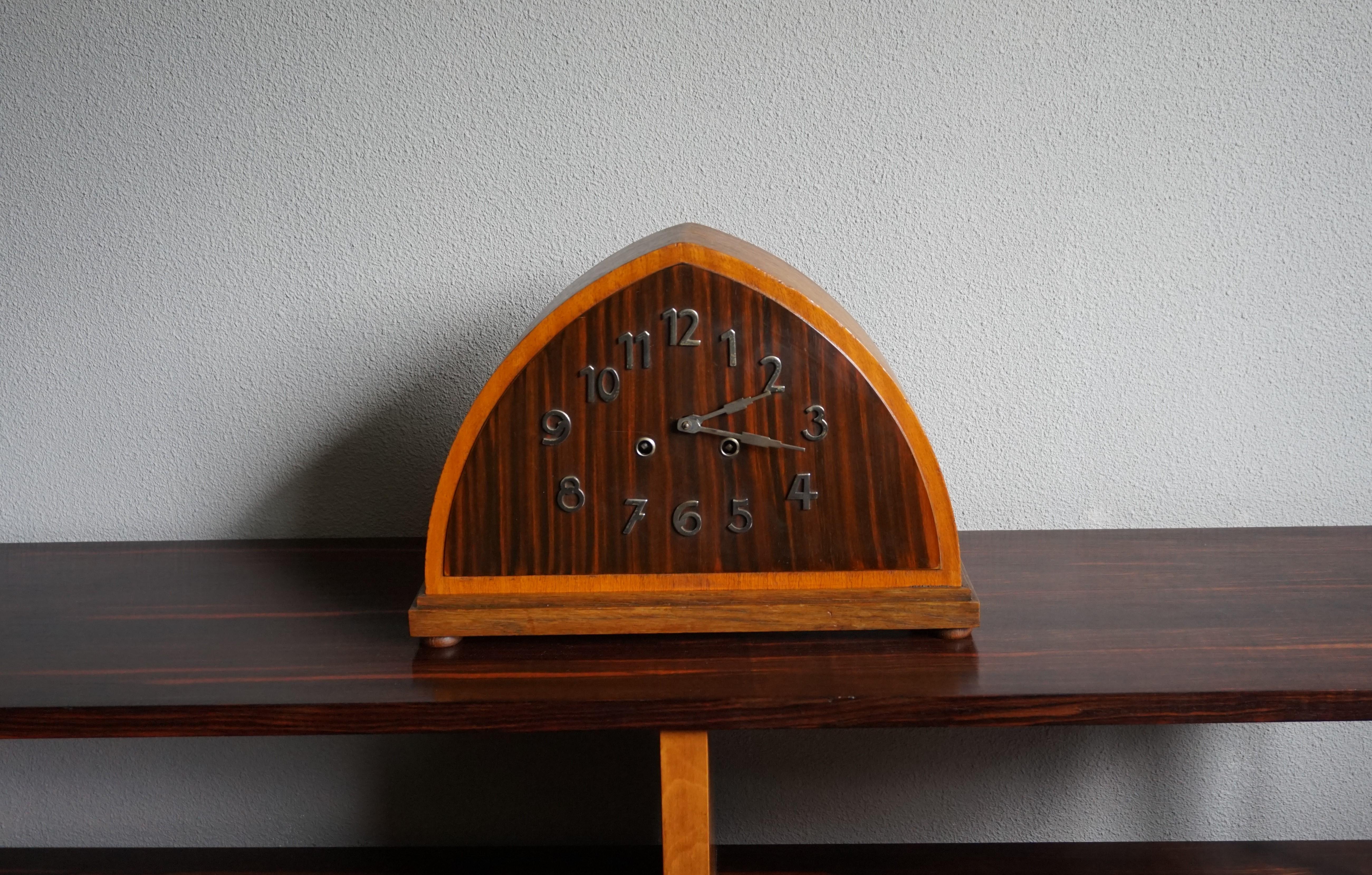 Art Deco Oak, Cocobolo & Mahogany Mantle or Desk Clock w. Chrome Metal Numerals 7