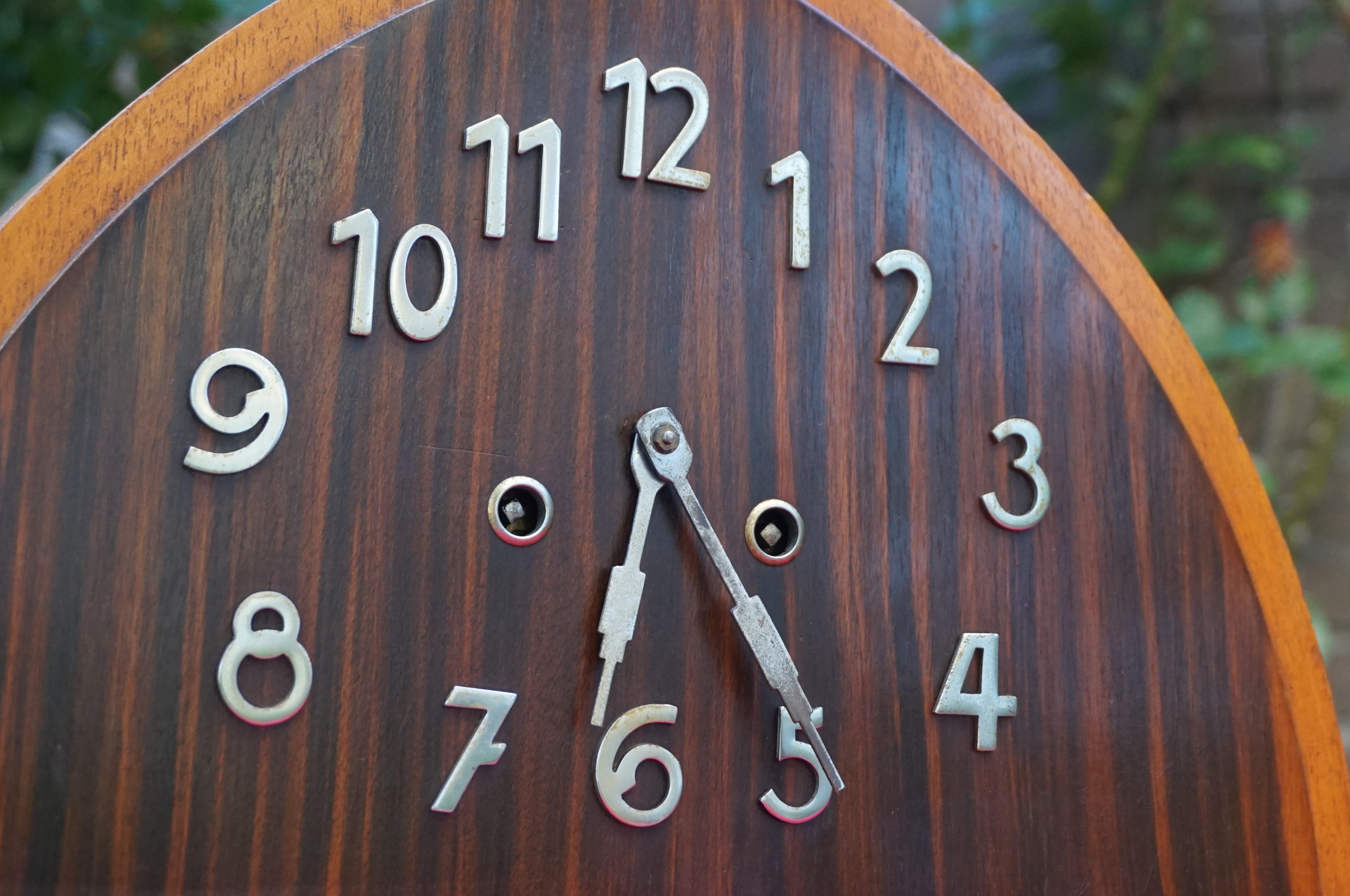 Art Deco Oak, Cocobolo & Mahogany Mantle or Desk Clock w. Chrome Metal Numerals 8
