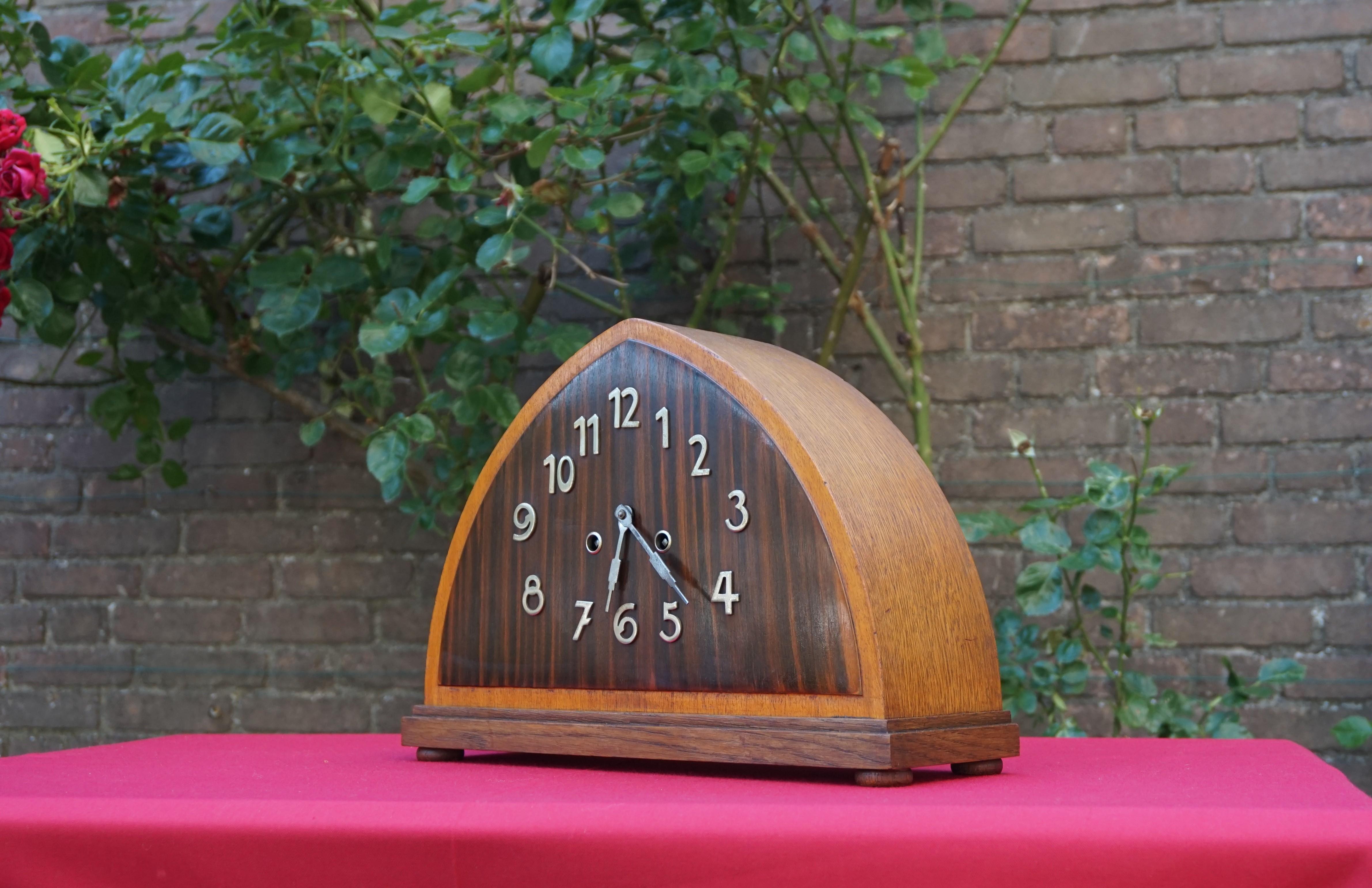 Art Deco Oak, Cocobolo & Mahogany Mantle or Desk Clock w. Chrome Metal Numerals 9