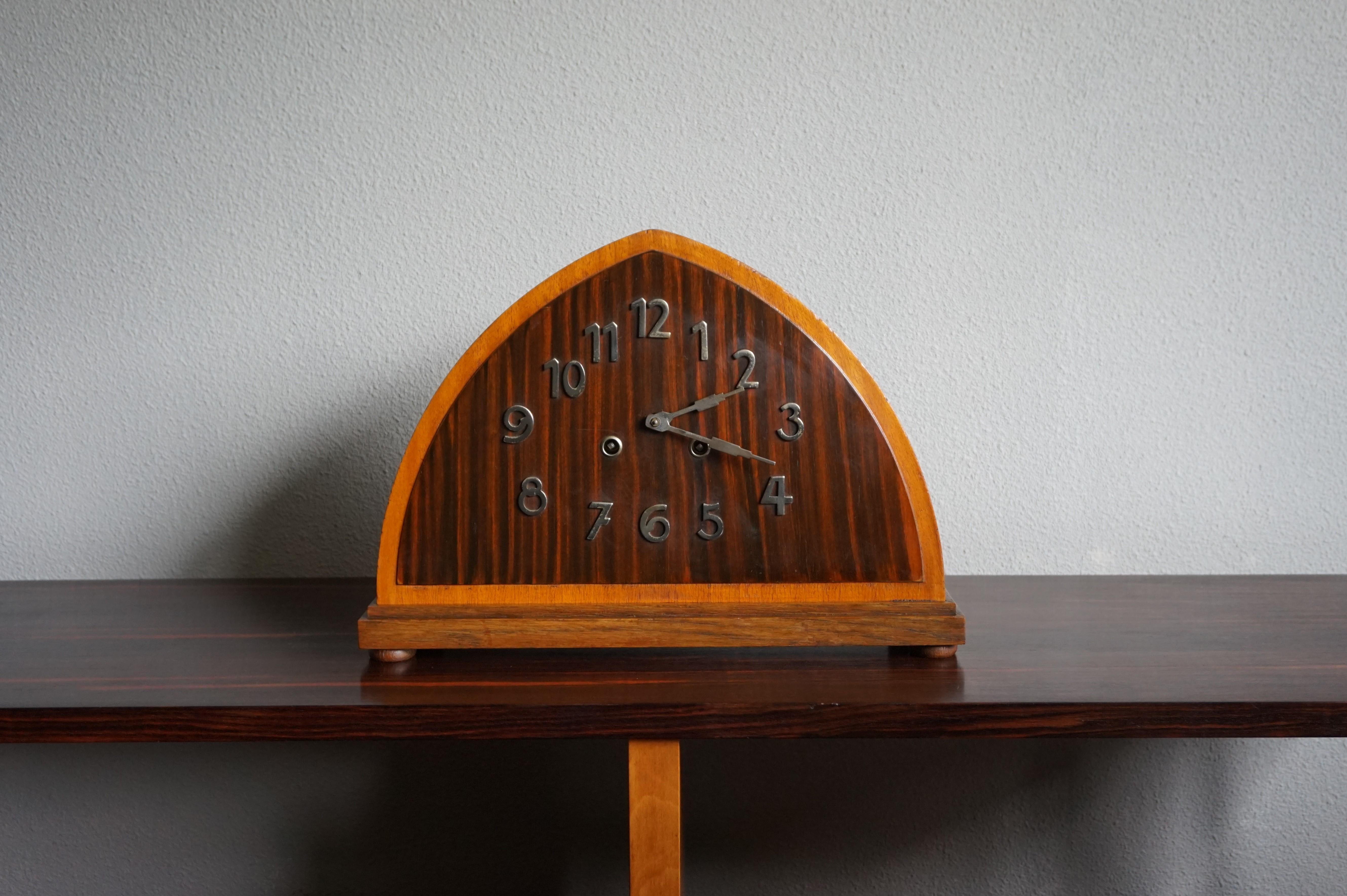 Dutch Art Deco Oak, Cocobolo & Mahogany Mantle or Desk Clock w. Chrome Metal Numerals