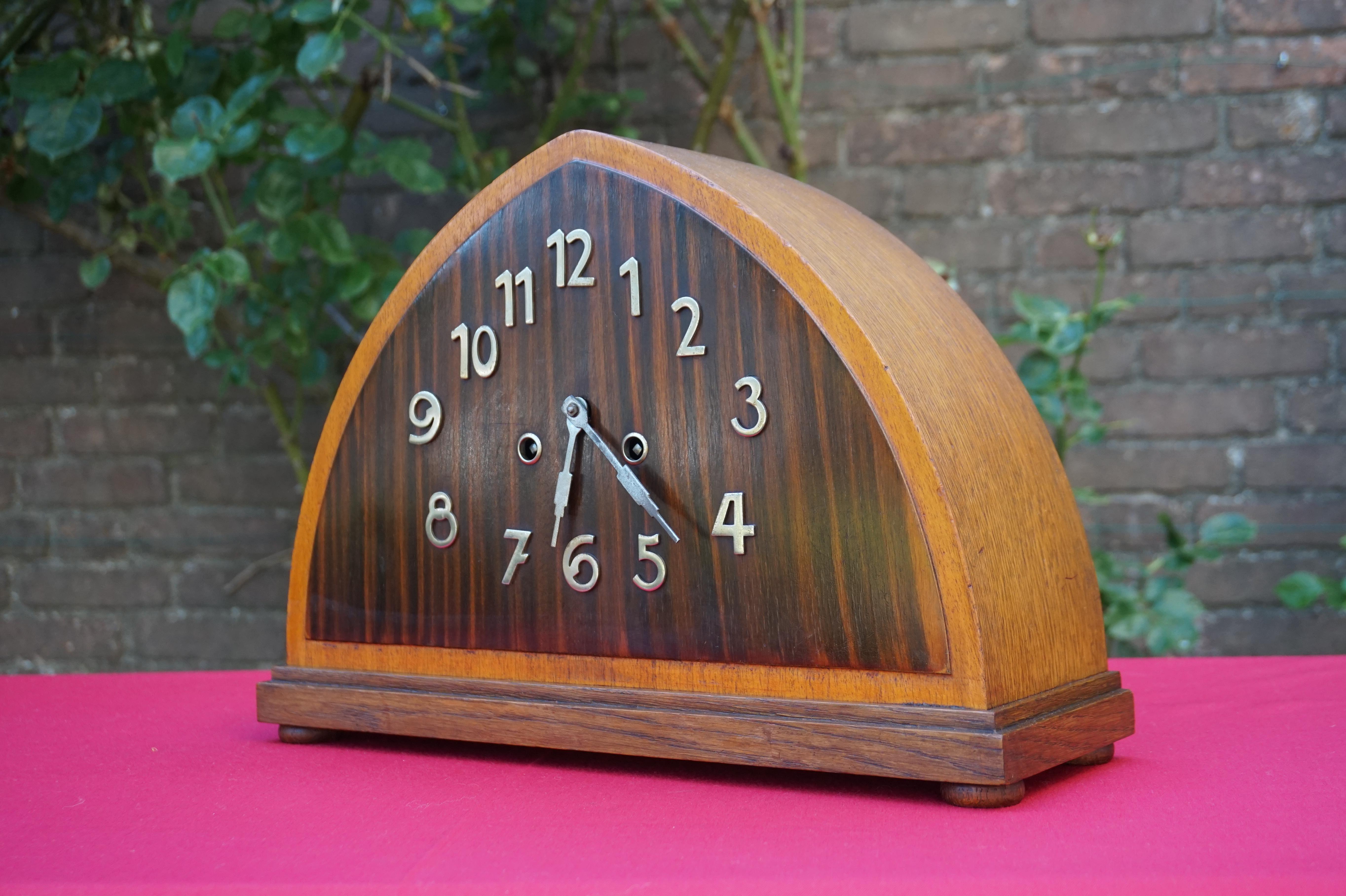 Hand-Crafted Art Deco Oak, Cocobolo & Mahogany Mantle or Desk Clock w. Chrome Metal Numerals
