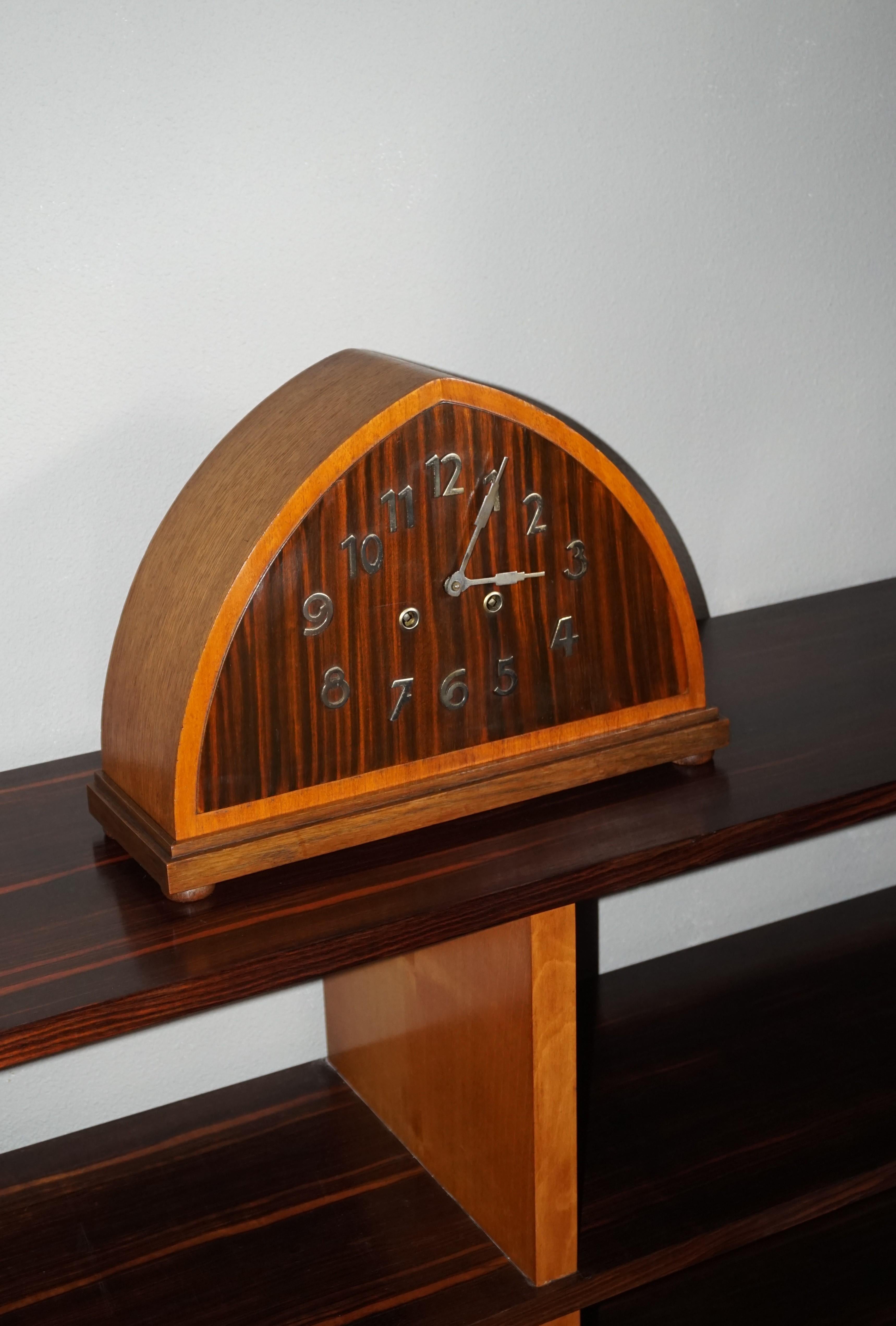 20th Century Art Deco Oak, Cocobolo & Mahogany Mantle or Desk Clock w. Chrome Metal Numerals