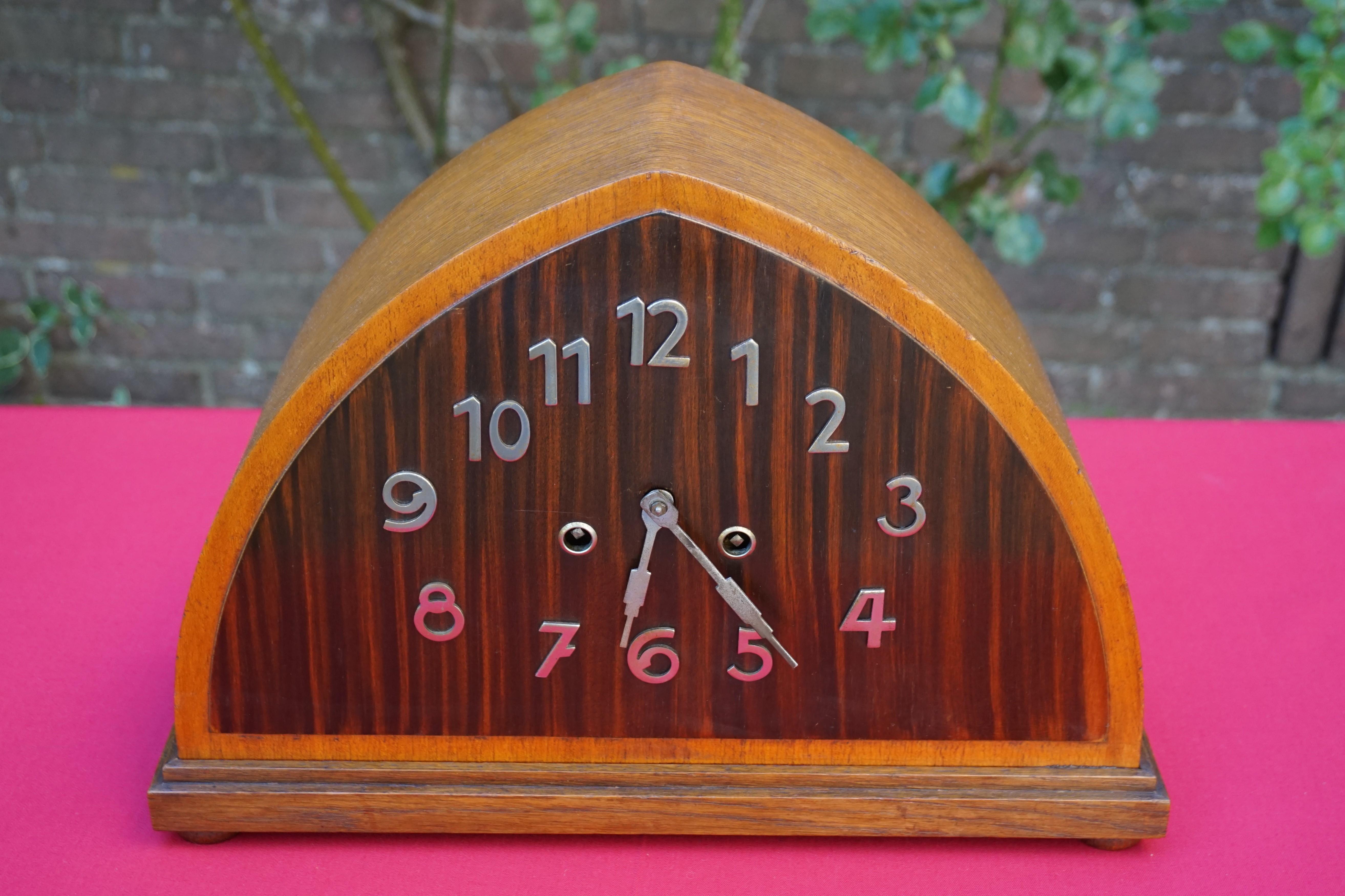 Brass Art Deco Oak, Cocobolo & Mahogany Mantle or Desk Clock w. Chrome Metal Numerals